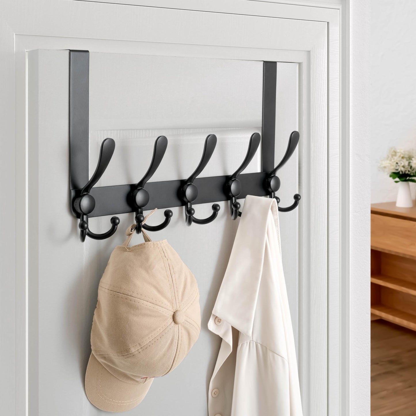 Dseap Over Door Hook 2.0 - Upgraded Version - Simple-Assembly, Strong, Heavy-Duty Stainless Steel 5-Tri-Hook Over the Door Hanger Rack, SimpleStrong Series, Black