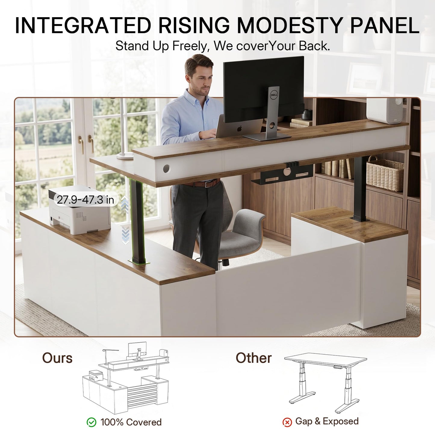 ZIMASYA 71" L Shaped Executive Desk with Table Board & File Cabinet Drawers Outlet USB,Height Adjustable Desk Privacy Panel Sit-Stand Workstation for Boss Managers Office Home,Walnut & White