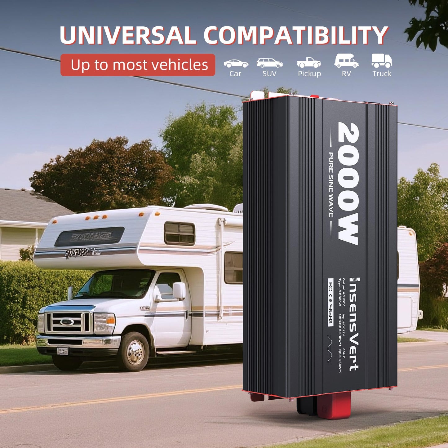 2000 Watt Pure Sine Wave Power Inverter DC 12V to 120V AC, with 2 AC,18W USB, and 30W Type-C Charging Ports, Car Solar Power Inverters with LCD Display for Home RV Truck