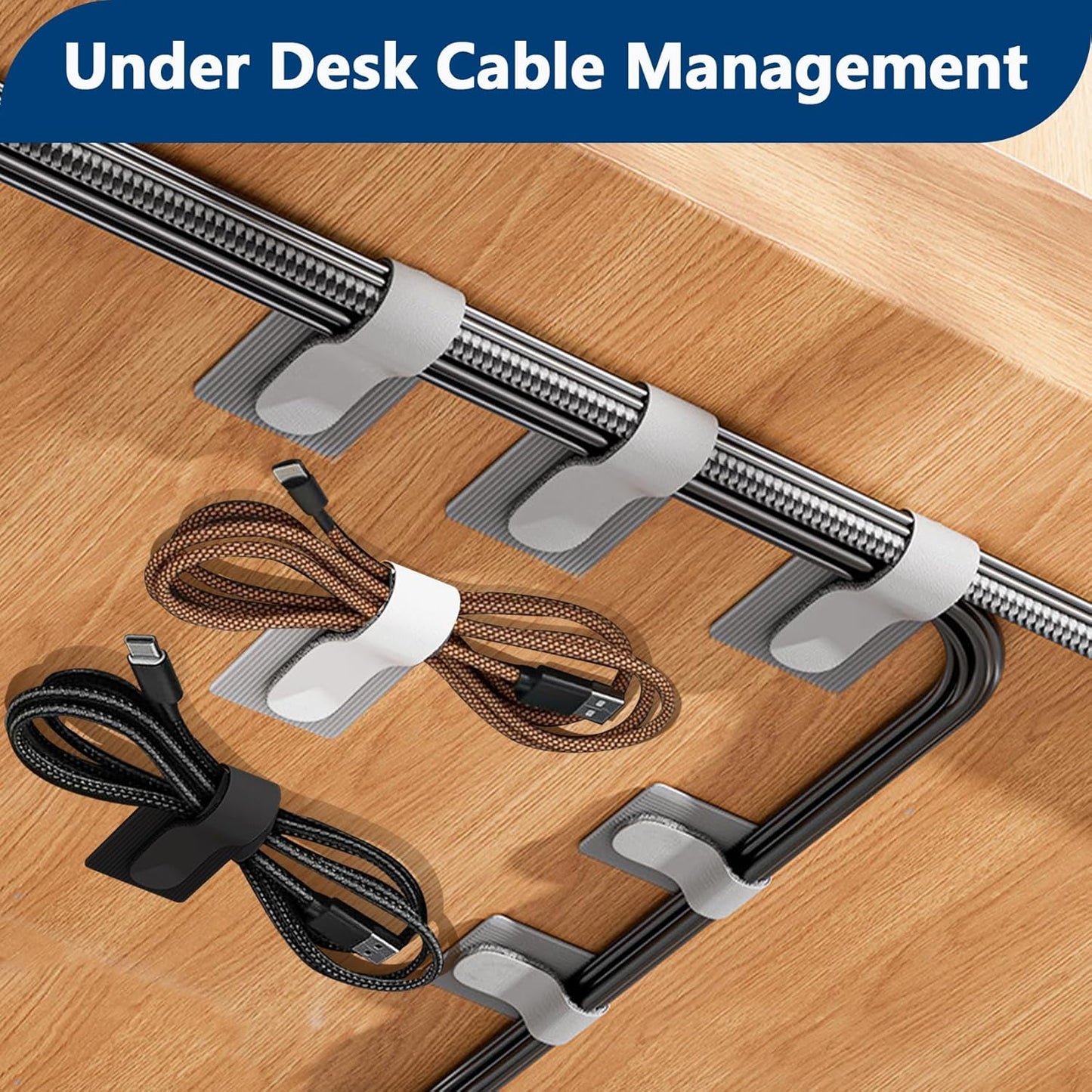 50 Abnii PCS Hook and Loop Cable Ties, Under Desk Cable Management, Self Adhesive Cable Clips Straps, Sticky-Back Cord