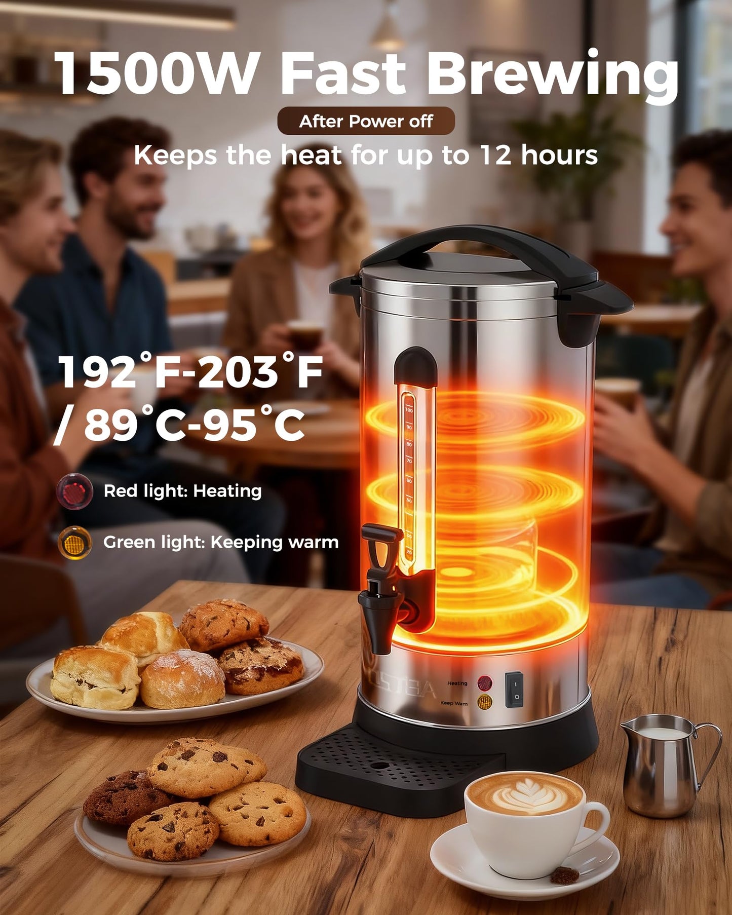 OSTBA 1500W Commercial Coffee Urn 100 Cup / 15L Large Percolator Coffee Pot, 304 Stainless Steel Double-Wall Hot Water Dispenser Electric Coffee Maker Fast Brewing for Catering, Parties & Events