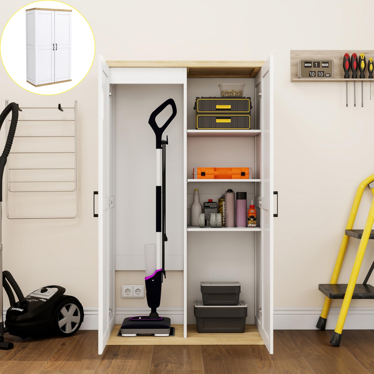 OQSC Wooden 55" Tall Broom Closet Storage Cabinet for Vacuum Cleaner & Floor Scrubbers with 2 Doors and Adjustable Shelf, Cleaning Supply Cabinet with Bottom Openwork for Laundry Room, Garage