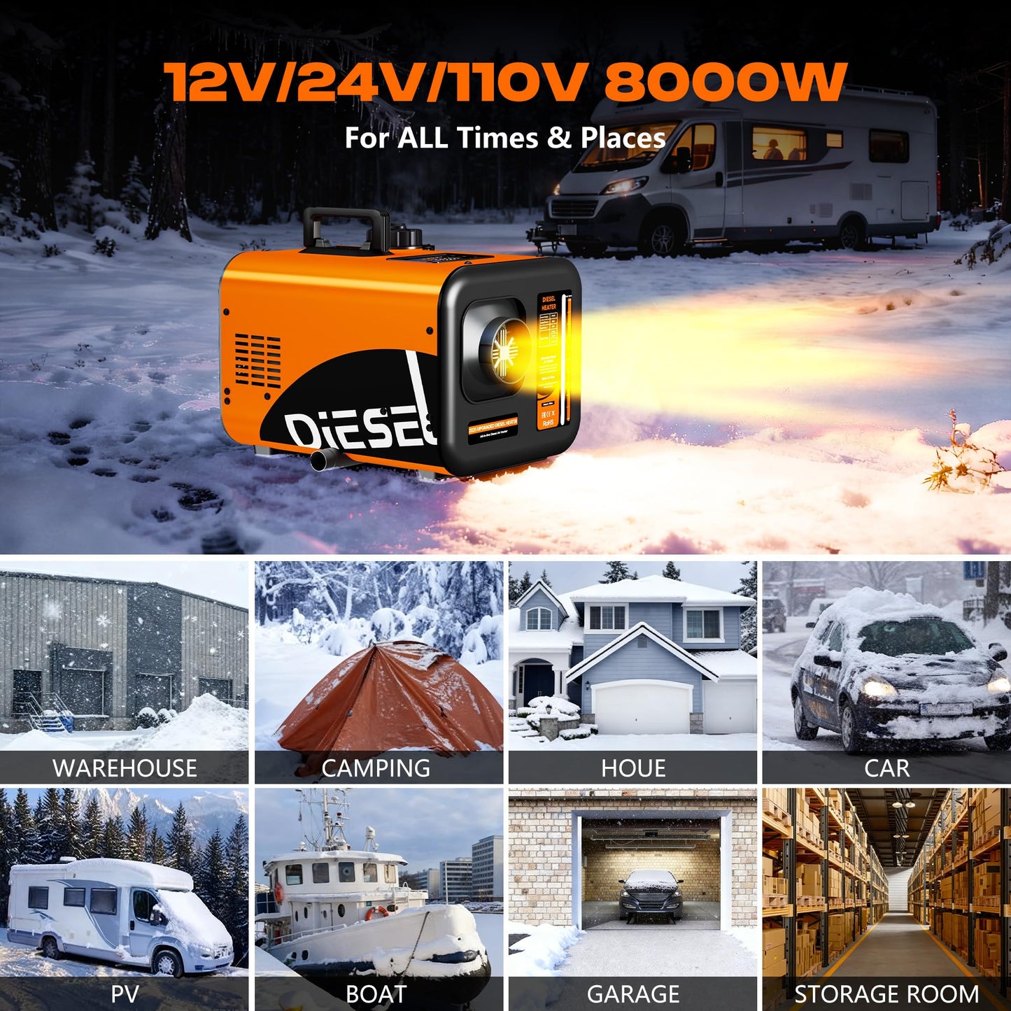 7L Large Diesel Heater, 8KW 240V/110V/12V/24V All in One Diesel Air Heater with LCD Switch, Remote Control, Suitable for Truck, RV, Home, Car, Campers, Boat, Orange