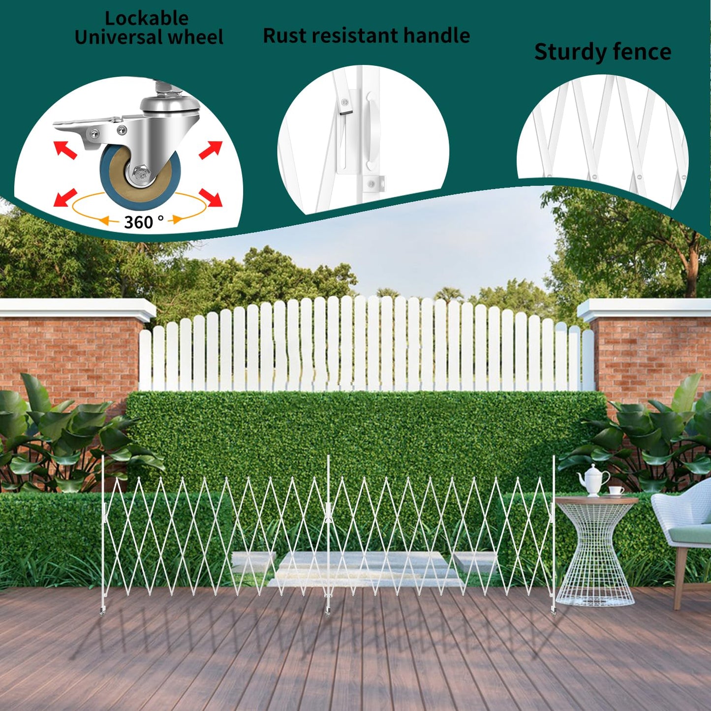 WEWORTH Expandable Barricade Gate,Accordion Garden Yard Outdoor Indoor Portable Folding Security Dog Fence Gates Wall Mount,200" Adjustable Metal Safety Barrier Gate with Casters,White