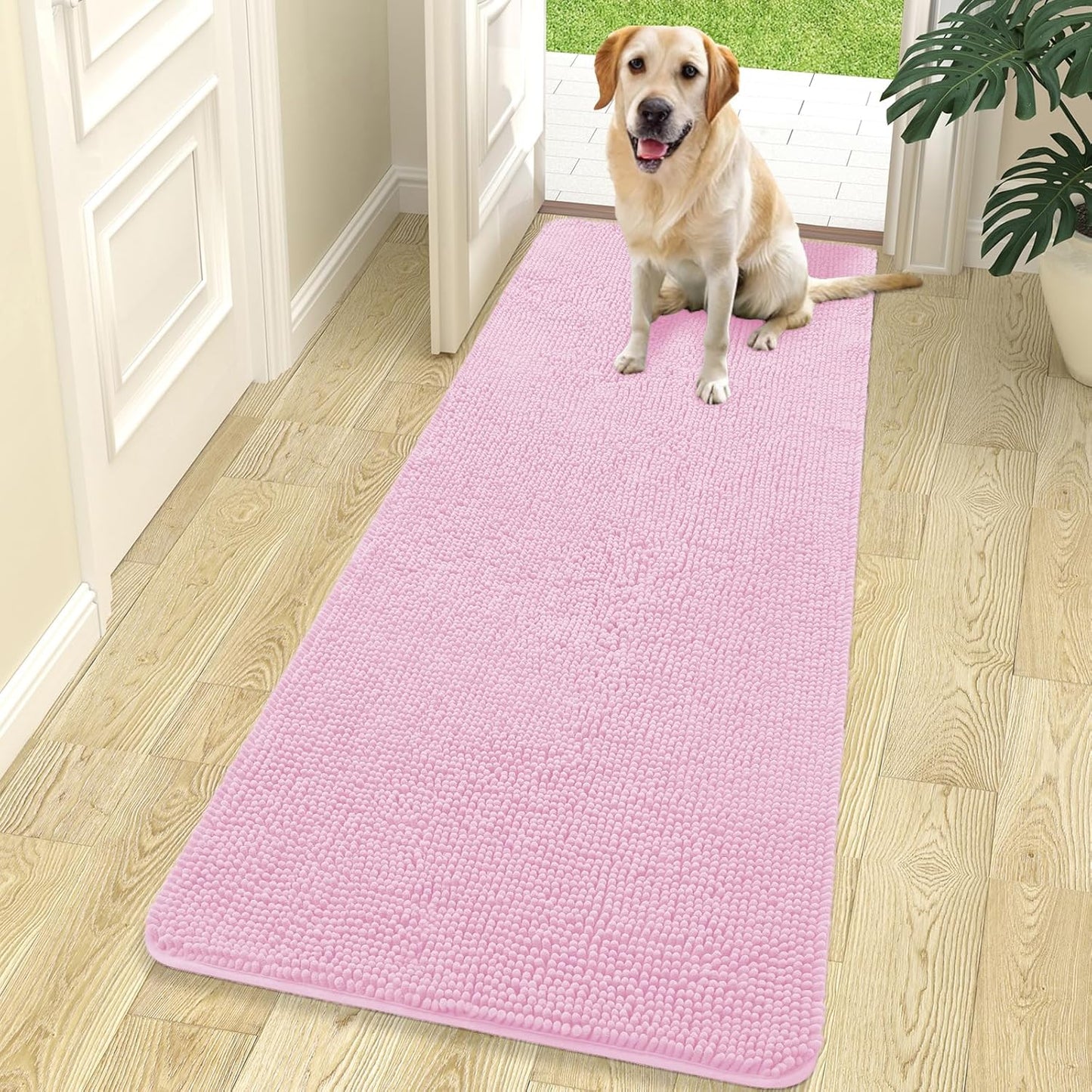 OLANLY Dog Door Mat - Absorbent Non-Slip Mud Mat for Indoor Entryway | Quick Dry Chenille, 70x24, Pink