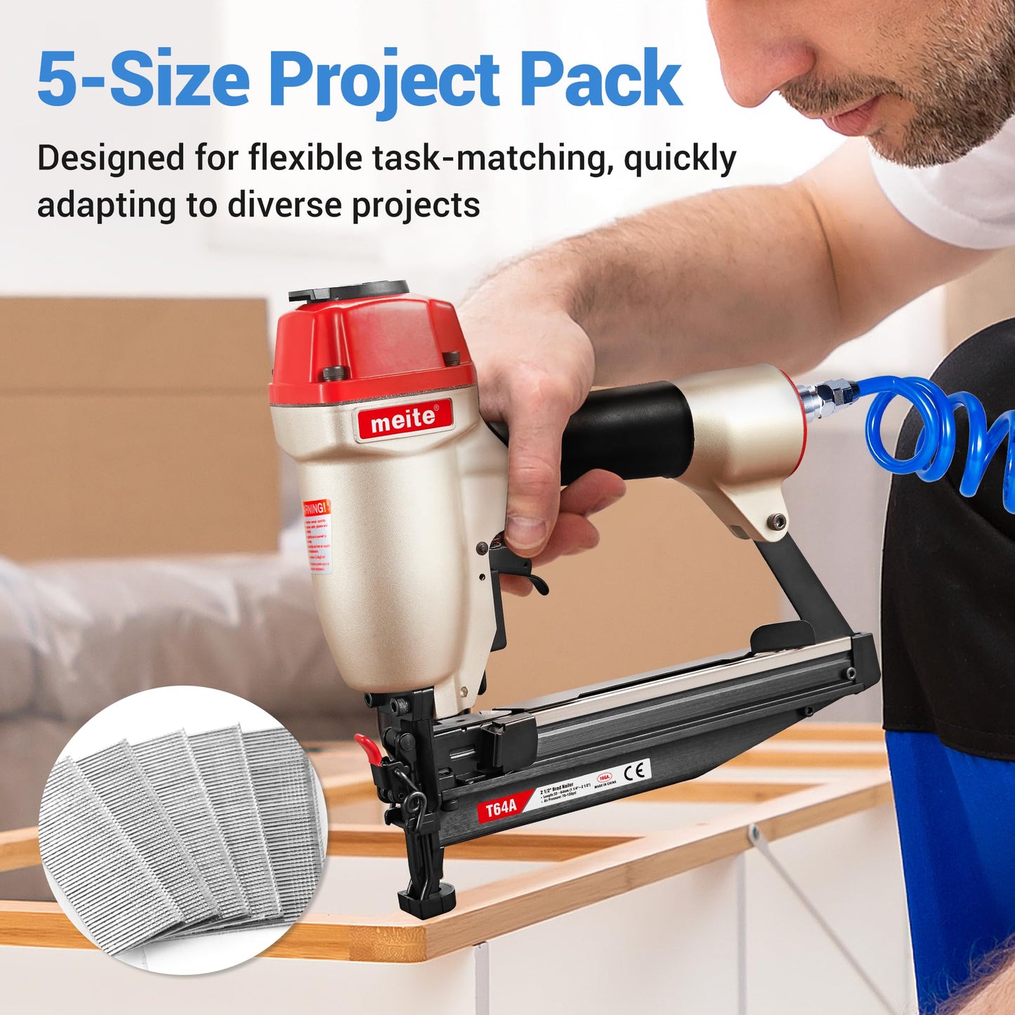 meite T64A 16 Gauge Finish Nailer with Straight Finish Nails 5 Sizes Assorted Set 2,500PCS, Pneumatic Finish Nail Gun for Baseboard Crown Molding Cabinetry