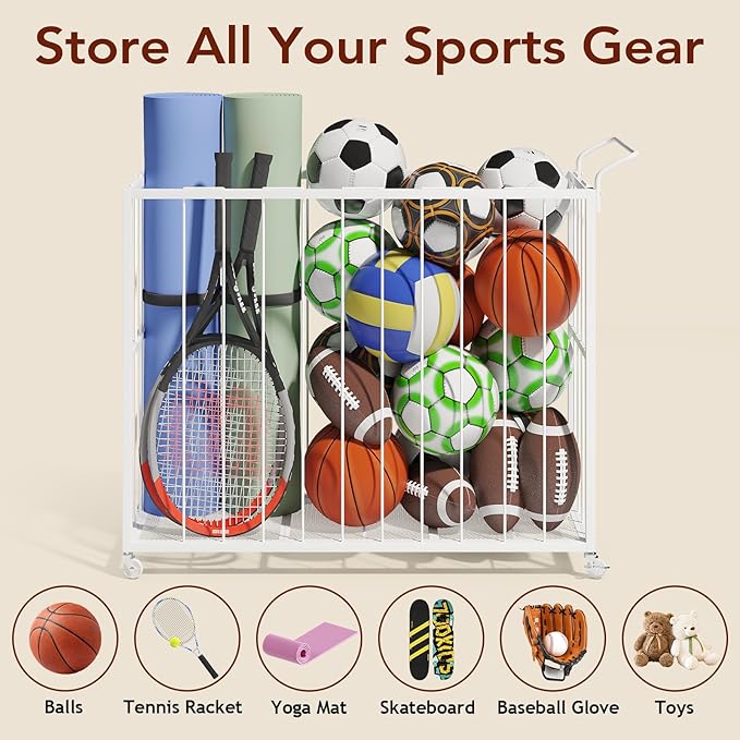 Ball Storage Bin Rolling Sports Ball Cart, Metal Garage Organizer Sport Rack, Ball Basket Storage, Ball Cage for Garage or Gym, Indoor & Outdoor Sports Equipment Organizer