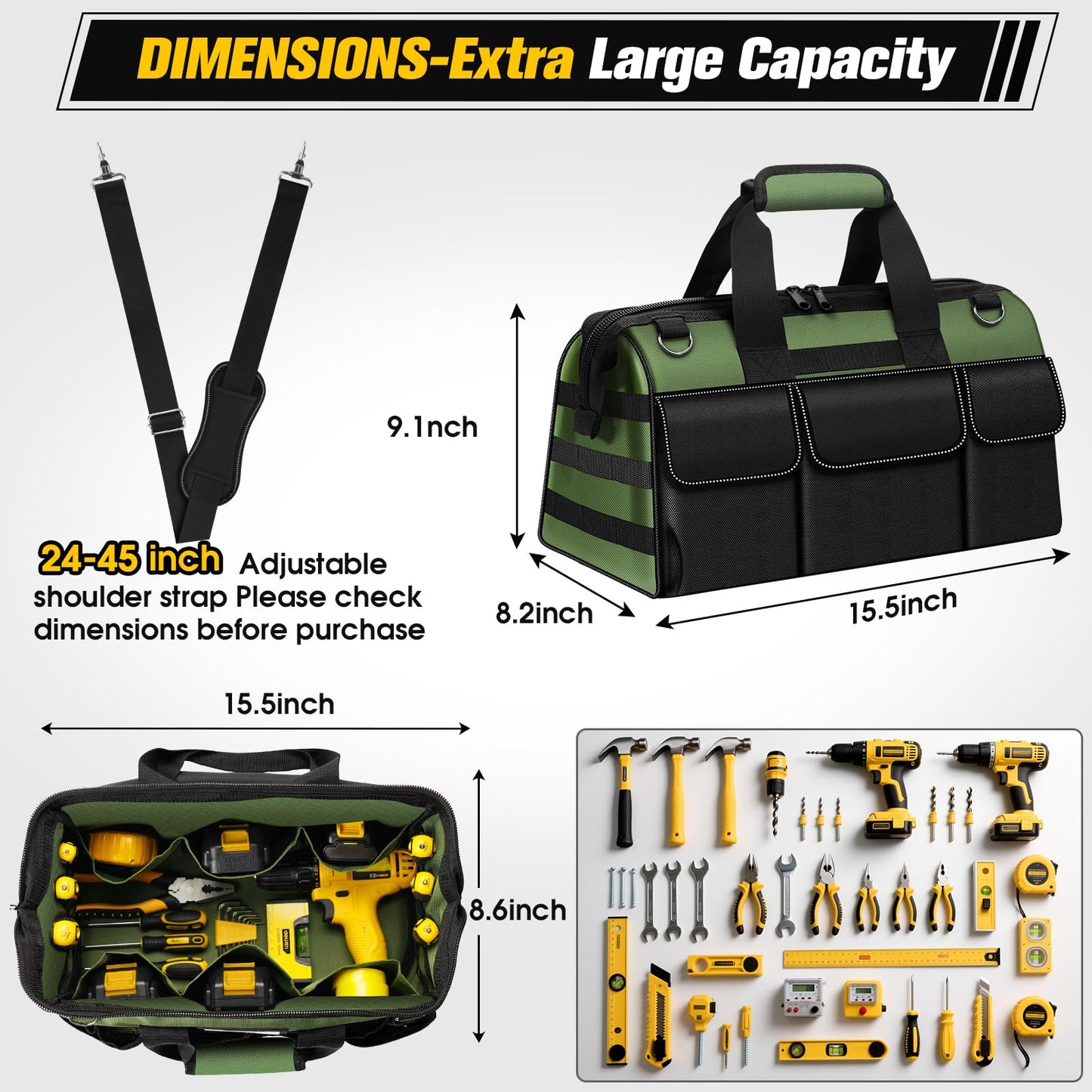 16-Inch Heavy Duty Tool Bag, 19-Pockets Tool Box Organizer, Portable Toolbag W/Soft Handle for Organized Storage, Mechanic Gifts for Men Dad Husband Fathers Day, Wide Mouth Electrician Toolbox, Green