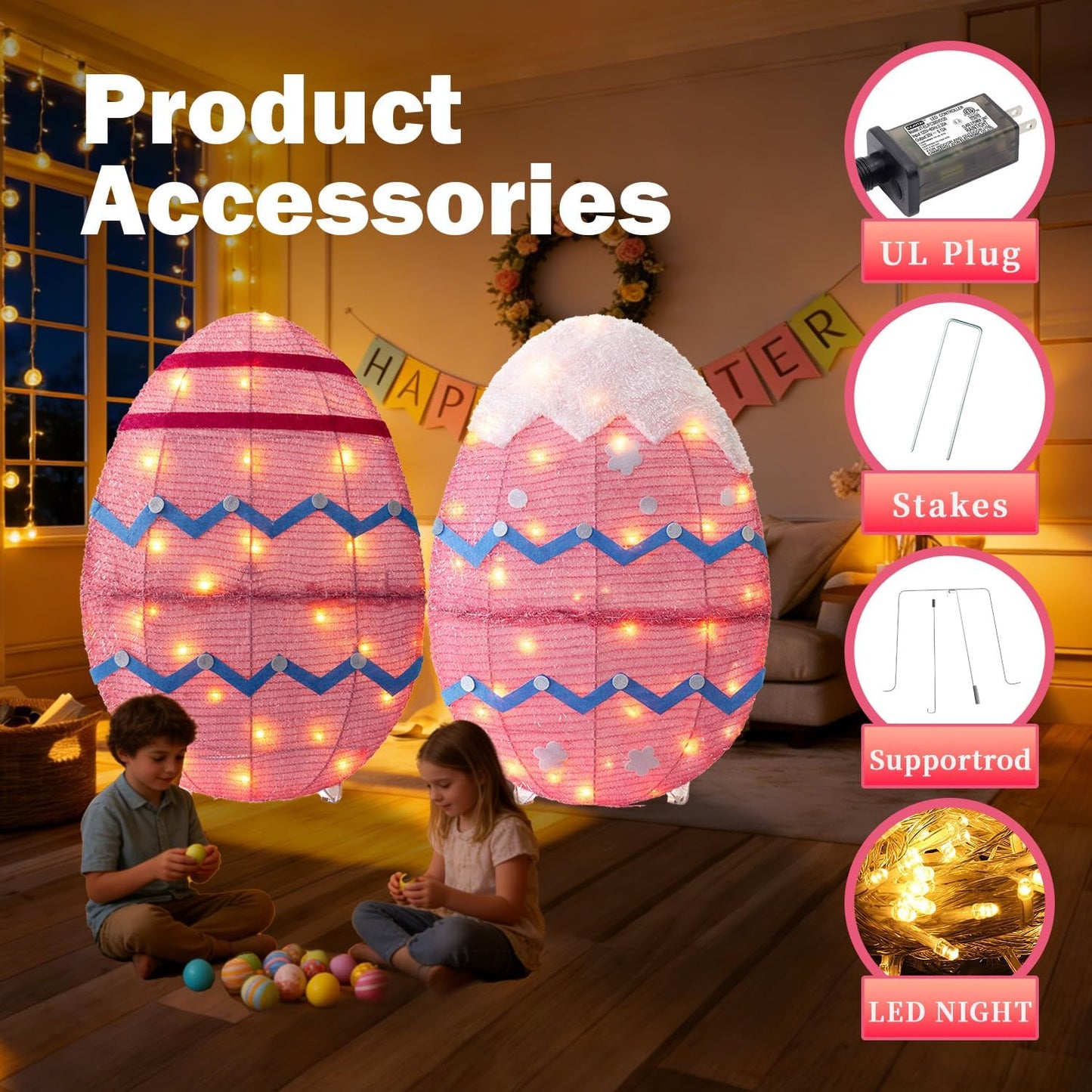 Skiennix Outdoor Easter Decorations - Set of 2 Lighted Metal Eggs, 34 Inch, Plug-In LED Lights for Lawn & Garden