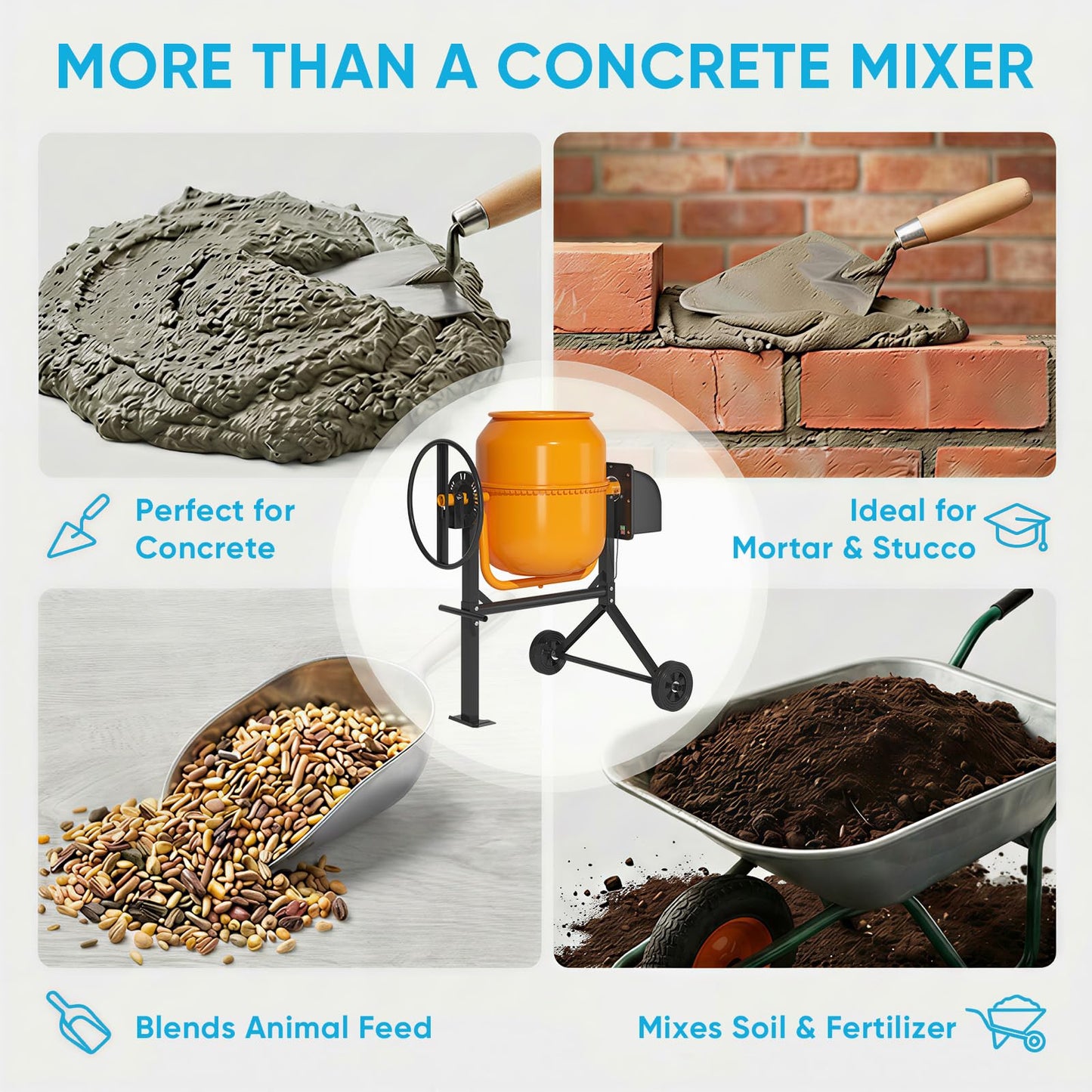 TABU 3 Cu.Ft. Electric Cement Mixer, Portable Concrete Mixer, Mortar Mixing for Seeds/Stucco, Freestanding Cement Mixing Tools with Wheels for Stucco