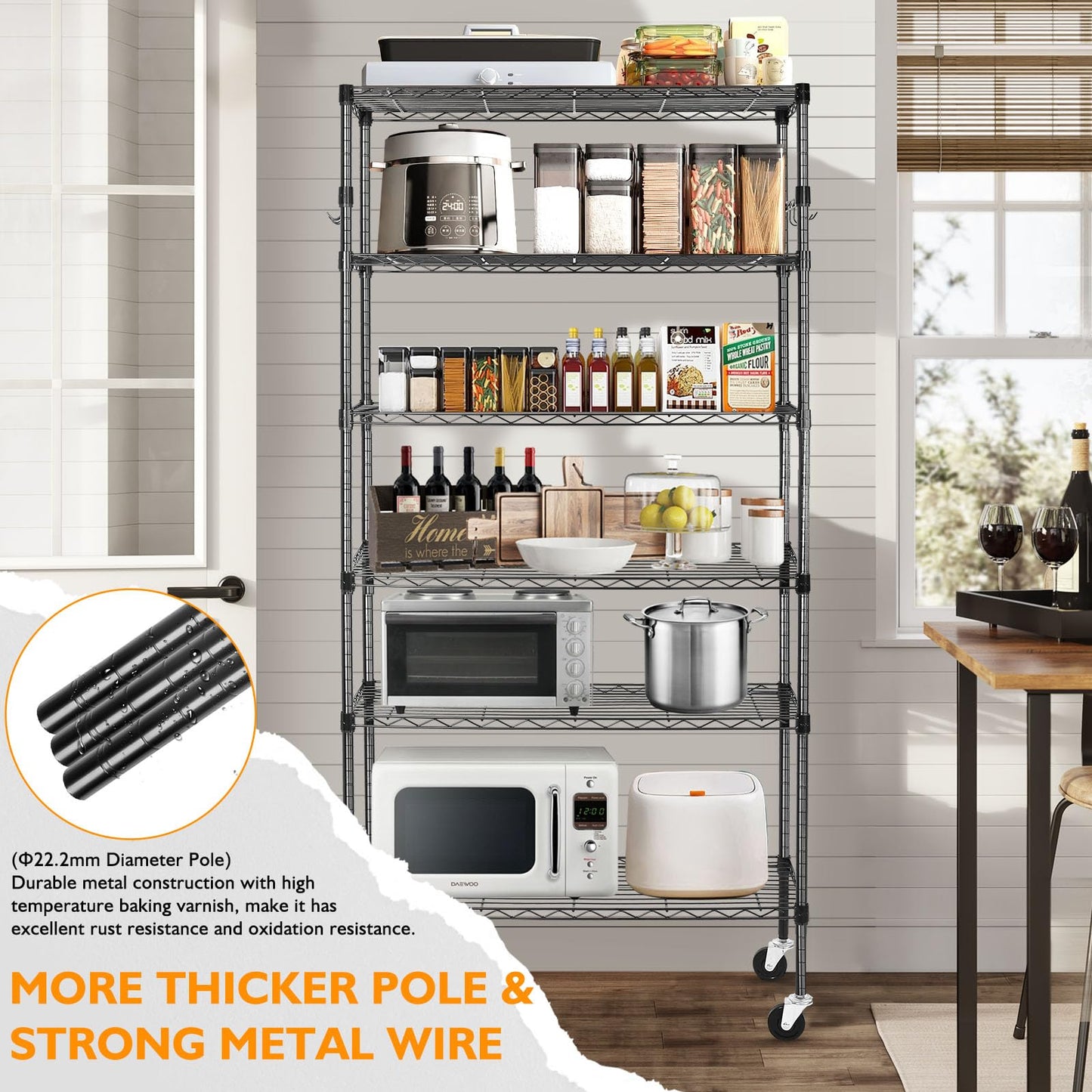 BolDuck 6 Tier Storage Shelves with Wheels, 2100lbs Capacity Heavy Duty Shelving Units, 14x36x75inch Adjustable Metal Shelf Wire Shelving Rack for Garage, Kitchen, Office, Black