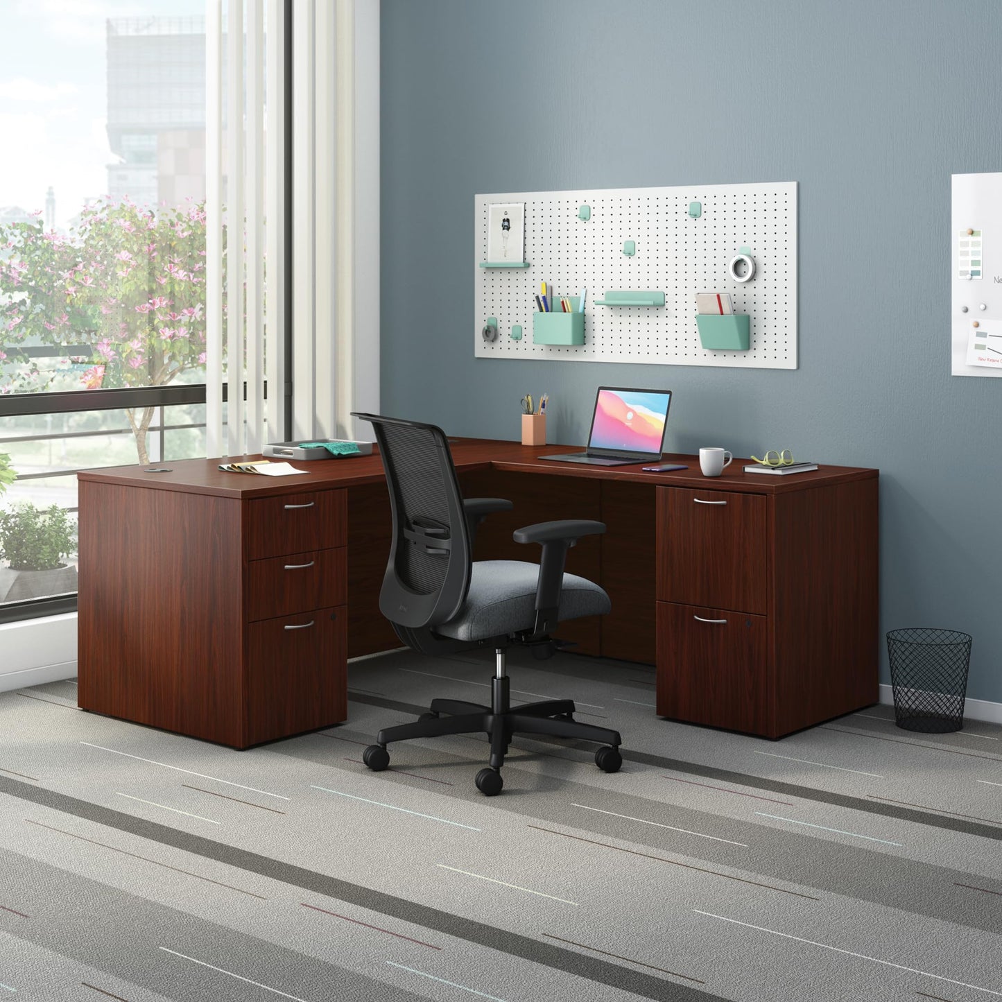 HON MOD L-Desk with Dual Pedestals, Home Office L Shape Executive Desk with Drawers, 66" W x 72" D, Mahogany