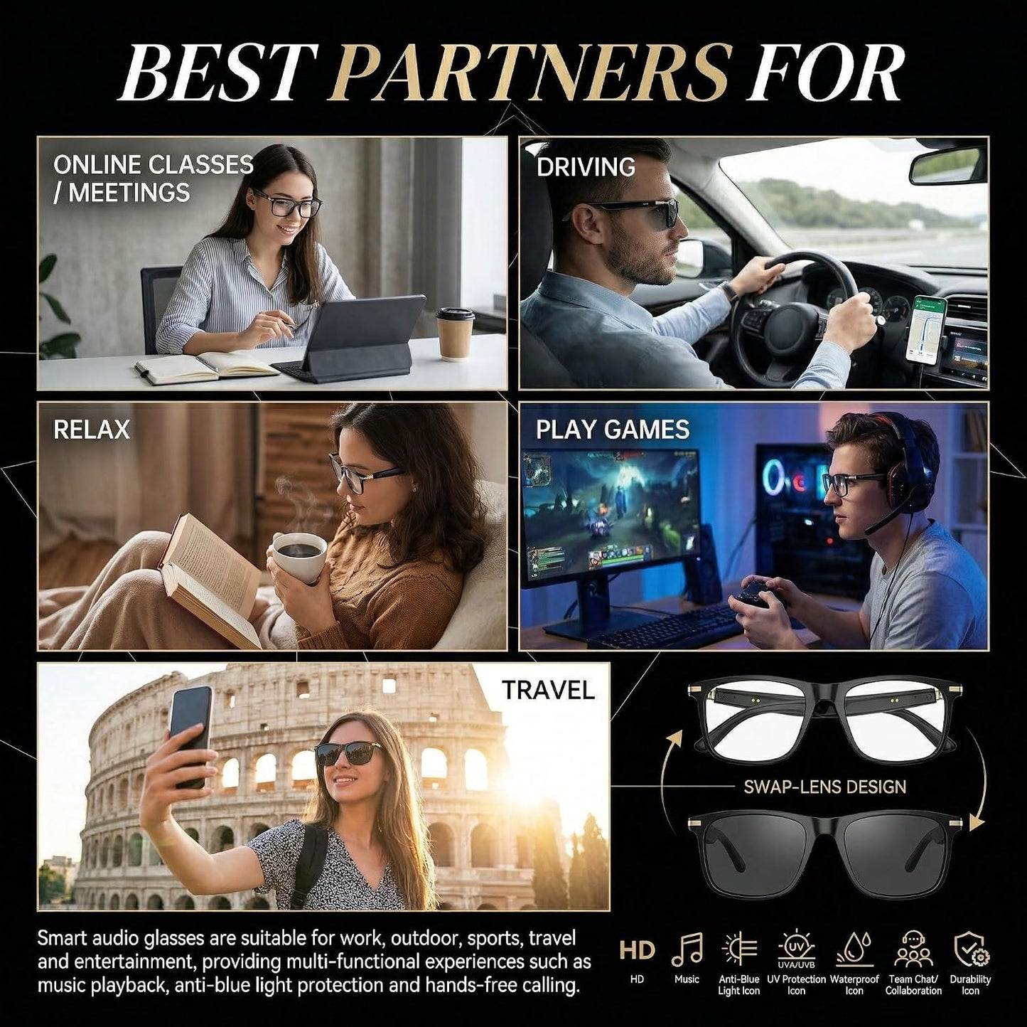 Fecoul 164 Glasses-M01-Black) AI Smart Bluetooth Glasses with Languages Translator with Speaker Photochromic Lenses