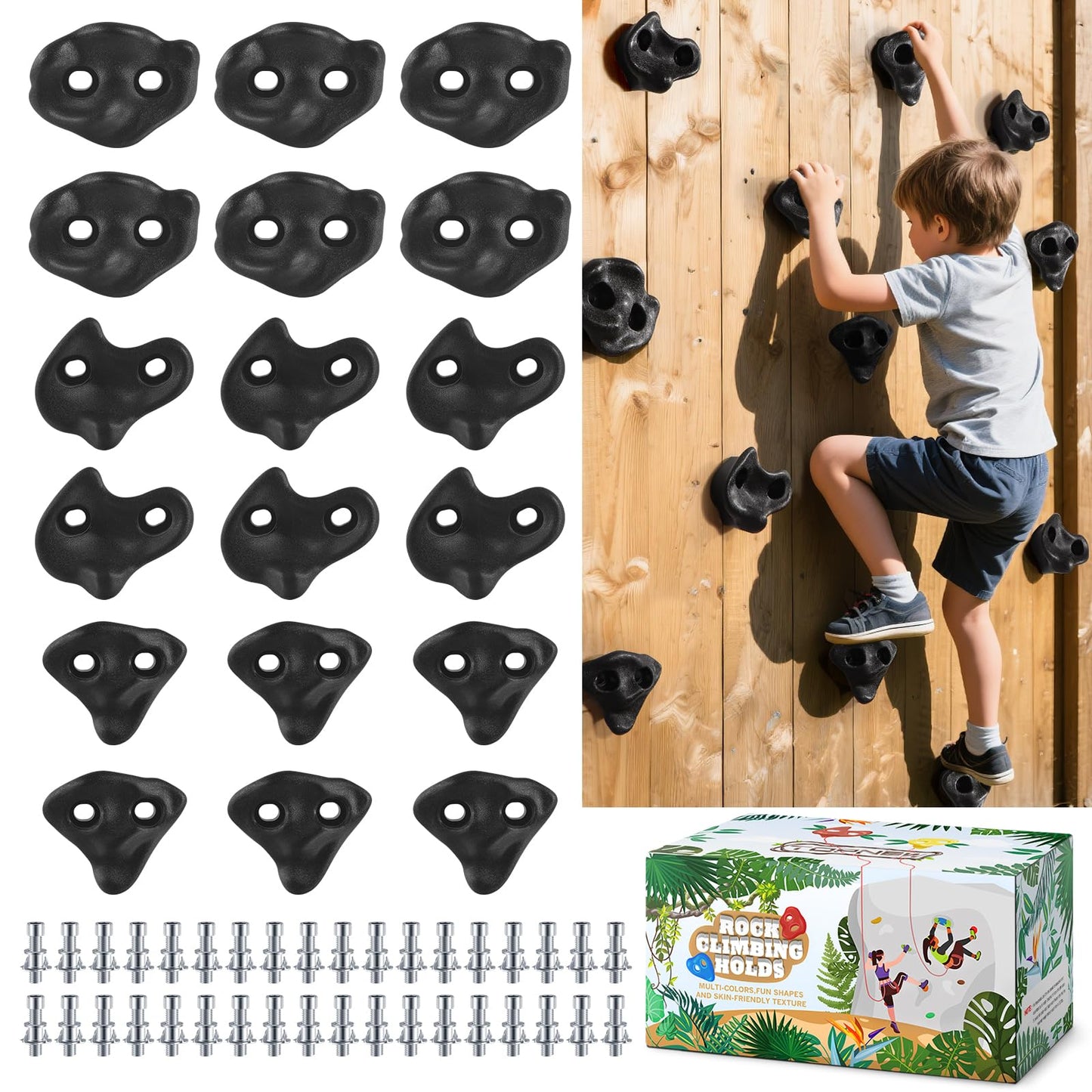 18PCS Climbing Holds for Kids,Large Climbing Holds for Play Set, Rock Wall Climbing Kit with Hardware for Indoor and Outdoor Climbing, Swingset - Adult Rock Wall Holds with Mounting Hardware (Black)