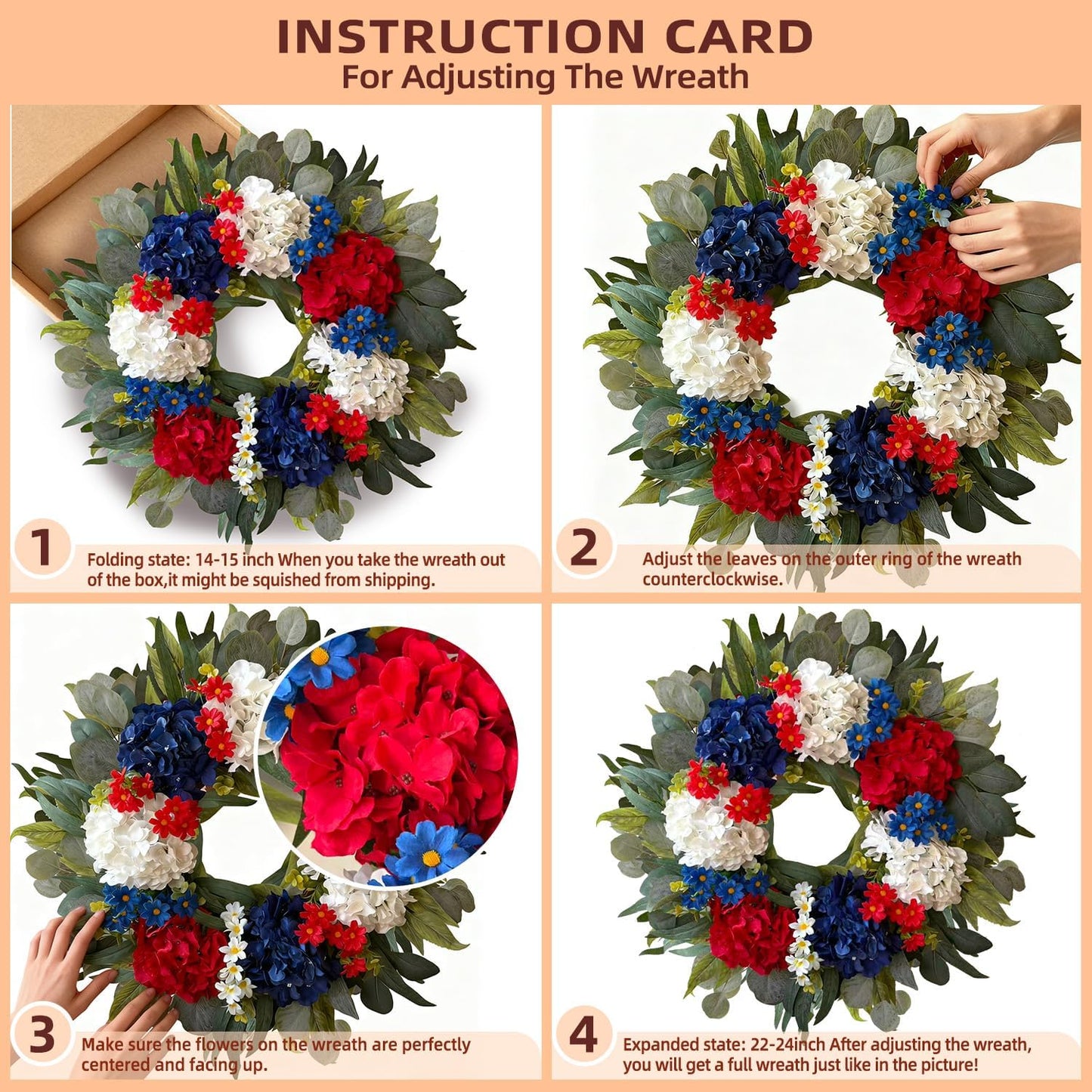 WANNA-CUL Patriotic 24-Inch Hydrangea Wreath - Red, White & Blue 4th of July Decor for Indoors & Outdoors