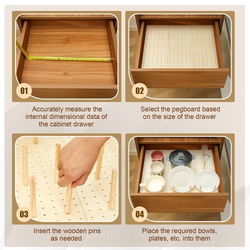Kigley 3 Pcs Wood Pegboard Drawer Organizer with 32 Pegs Wooden Peg Board Drawer Shelf Organizer Adjustable Peg System for Dishes Plate Pot Container Cookware Utensil Kitchen(17 x 5.91 in)
