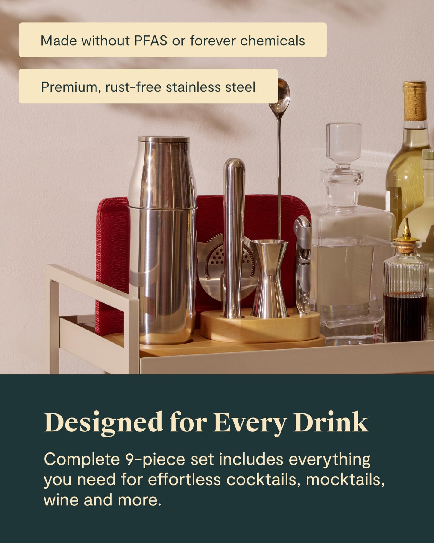 Caraway 9-Piece Complete Bar Set - Cocktail Shaker, Jigger, Muddler, Wine Key, Strainer, Bar Spoon, Storage Organizer, Magnetic Backer - Bartender Accessories - Tools for Home Bartending - Gray