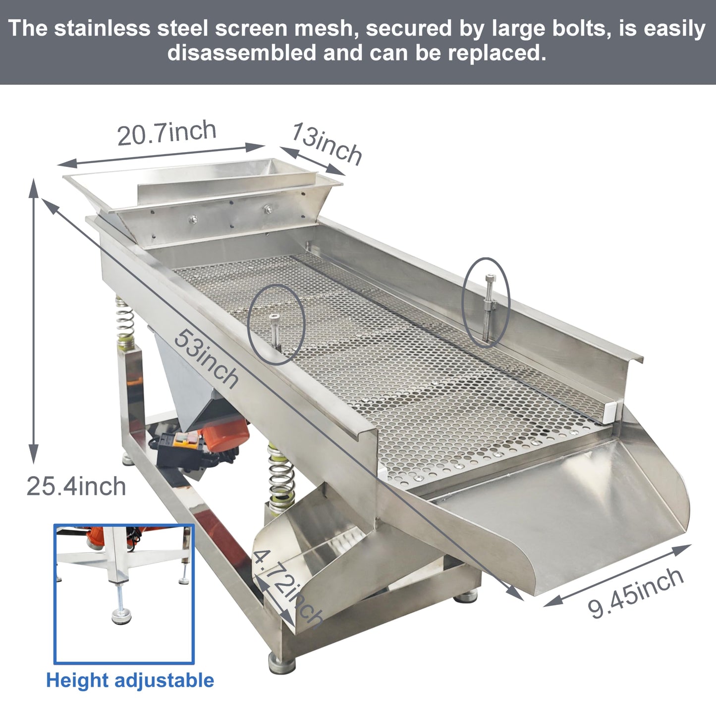 TECHTONGDA Straight Vibrating Sieve Screen Shaker Electric Linear Sifter Machine Stainless Steel One Layer Two Motor 10mm Round Hole Screen Size 40 * 13.8inch
