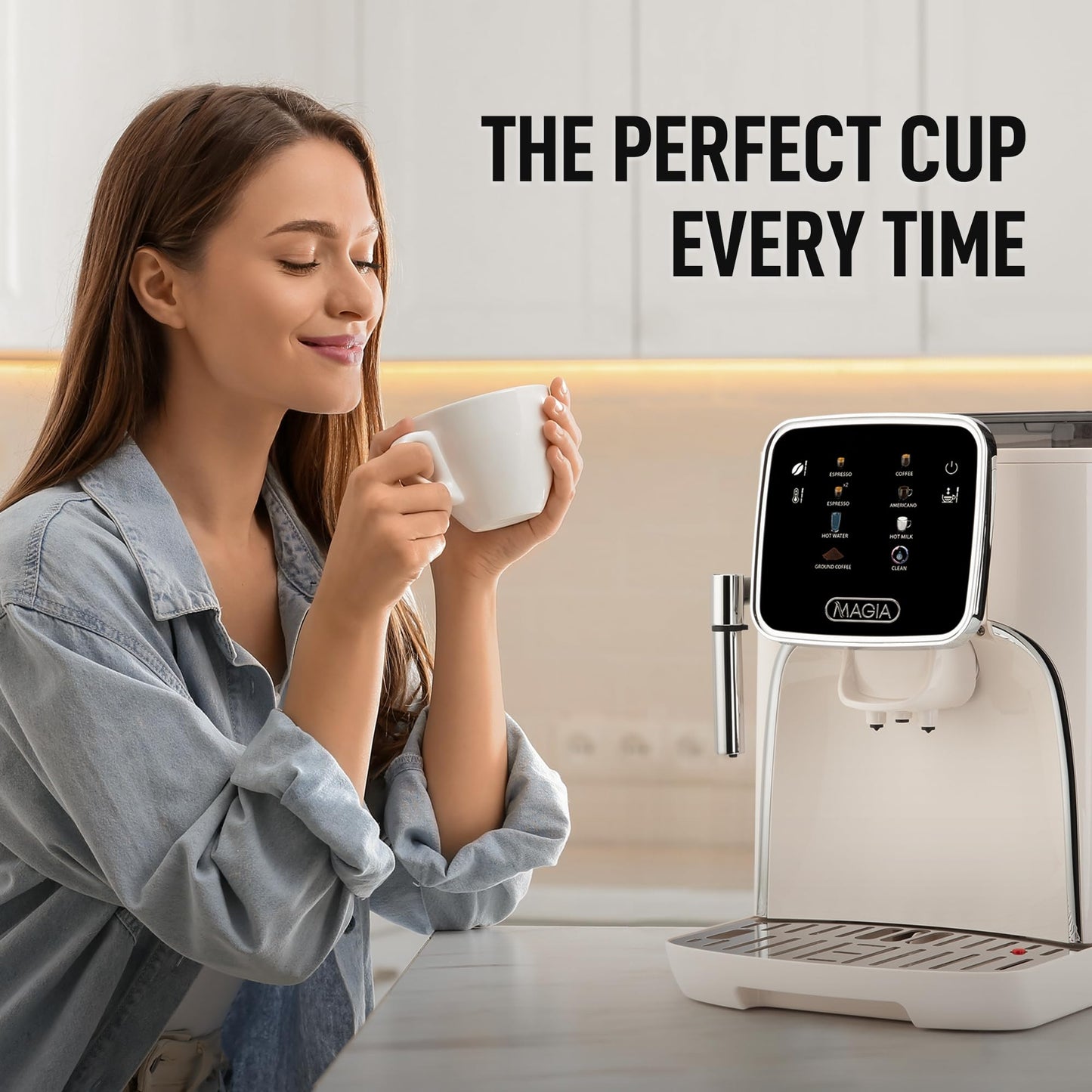 Zulay Kitchen Magia Clasica Automatic Espresso Machine with Built-In Grinder, Touch Panel Coffee Maker, Steam Wand Milk Frother, Adjustable Strength, Self-Cleaning, Cream & Silver (13" x 17.7" x 9.4")