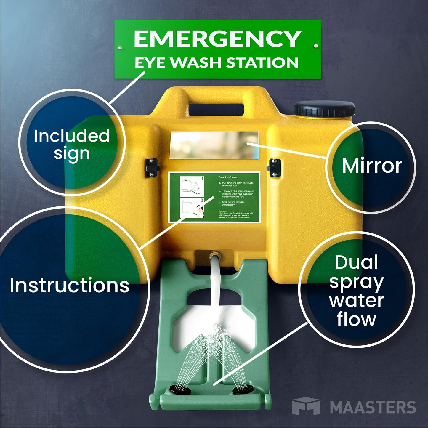 MAASTERS 8gal Portable Eye Wash Station, Wall Mount Eyewash Station OSHA-Compliant, Emergency Eye Wash Station with Mirror & Dual Spray, First Aid Eye Wash Units