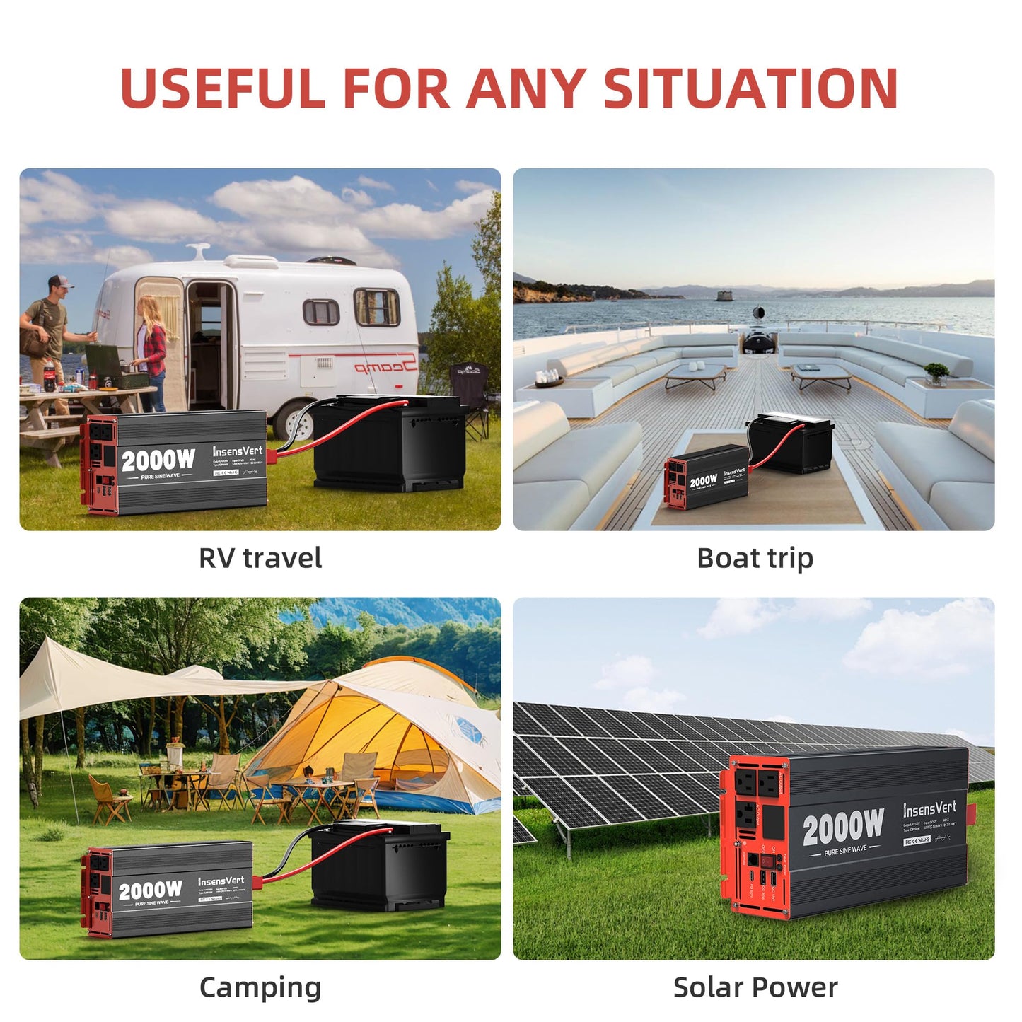 2000 Watt Pure Sine Wave Power Inverter DC 12V to 120V AC, with 2 AC,18W USB, and 30W Type-C Charging Ports, Car Solar Power Inverters with LCD Display for Home RV Truck