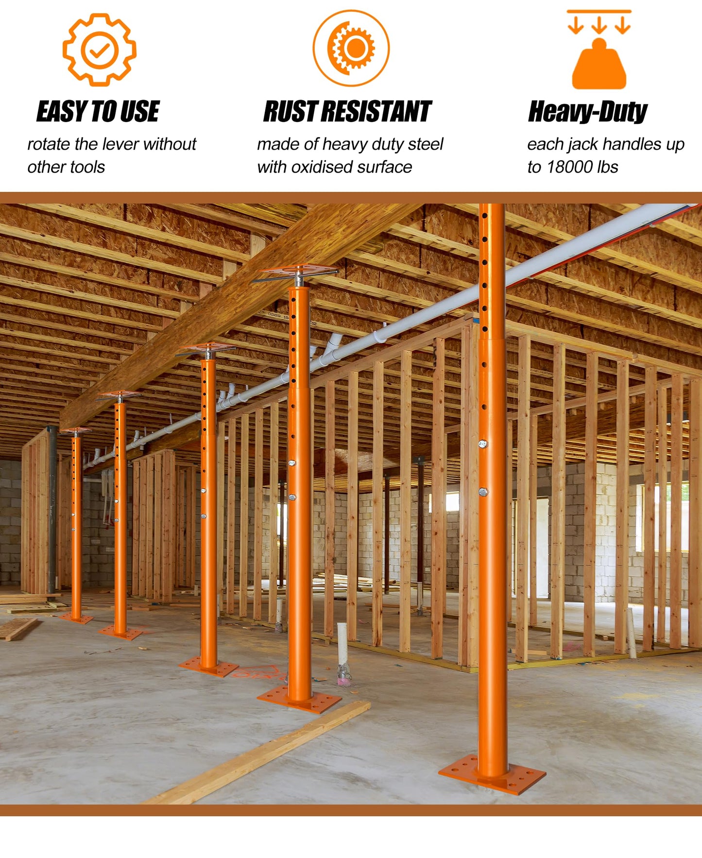House Floor Jack, 48"-93" Adjustable Post Basement Support Pole Jacks, Heaty Duty Telescoping Jacks for Leveling, Floor Joist Jack for House Lifting Temporary Support, 18000 lbs Max Load Capacity