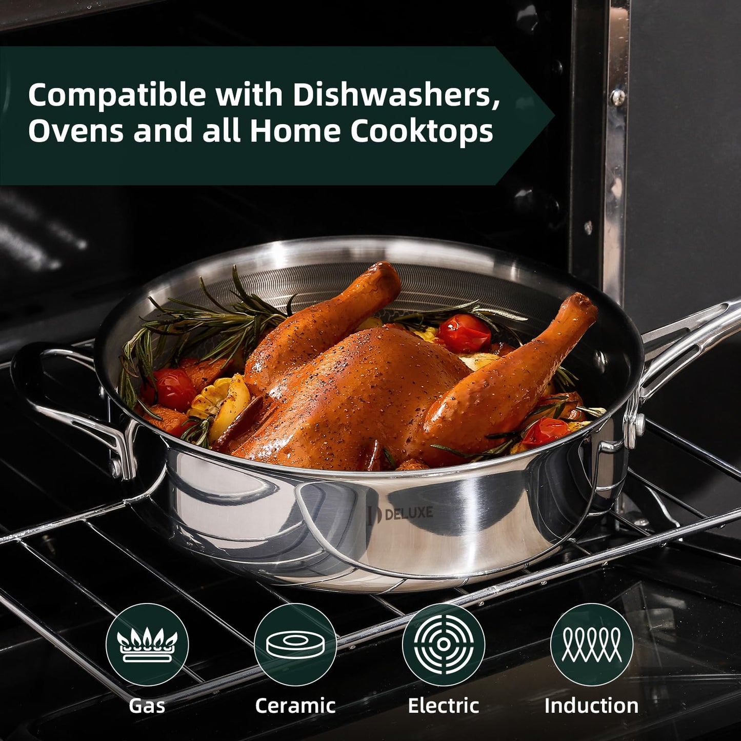 DELUXE Hybrid Ceramic Nonstick 3.7 Qt Deep Sauté Pan with Lid, Stainless Steel Skillet with Stay-Cool Handles, Dishwasher and Oven-Safe, PFOA Free Deep Frying Pan, Compatible with All Cooktops