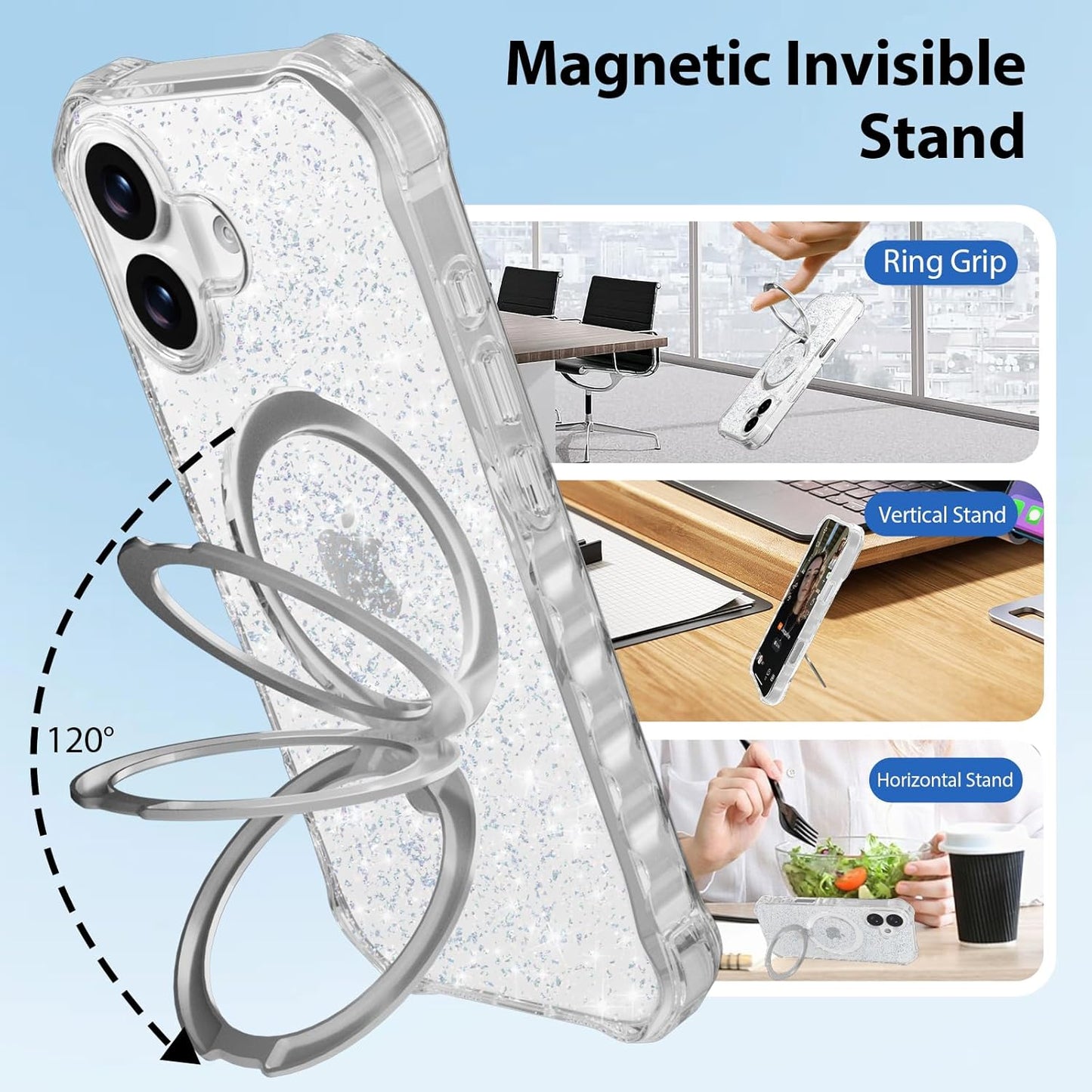Casehas 17 6.3" Magnetic for iPhone Case with Invisible Stand, Compatible with MagSafe, Clear Bling Sparkle Shockproof