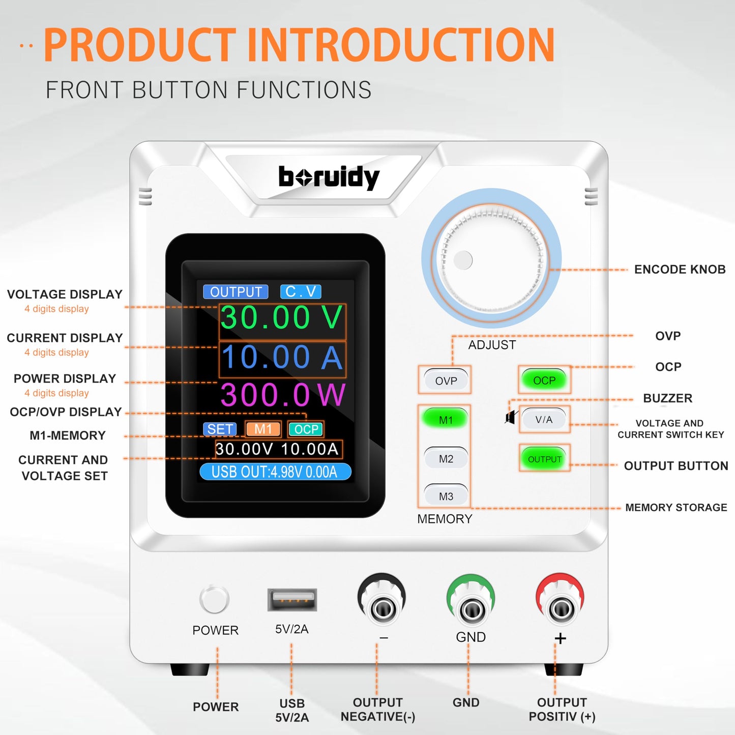 DC Power Supply Variable 30V 10A,boruidy 300W Encoder Adjustable Switching Regulated High Precision 4-Digits TFT Display 5V/2A USB Port Bench Lab Power Supplies with OCP OVP Output Memory Button