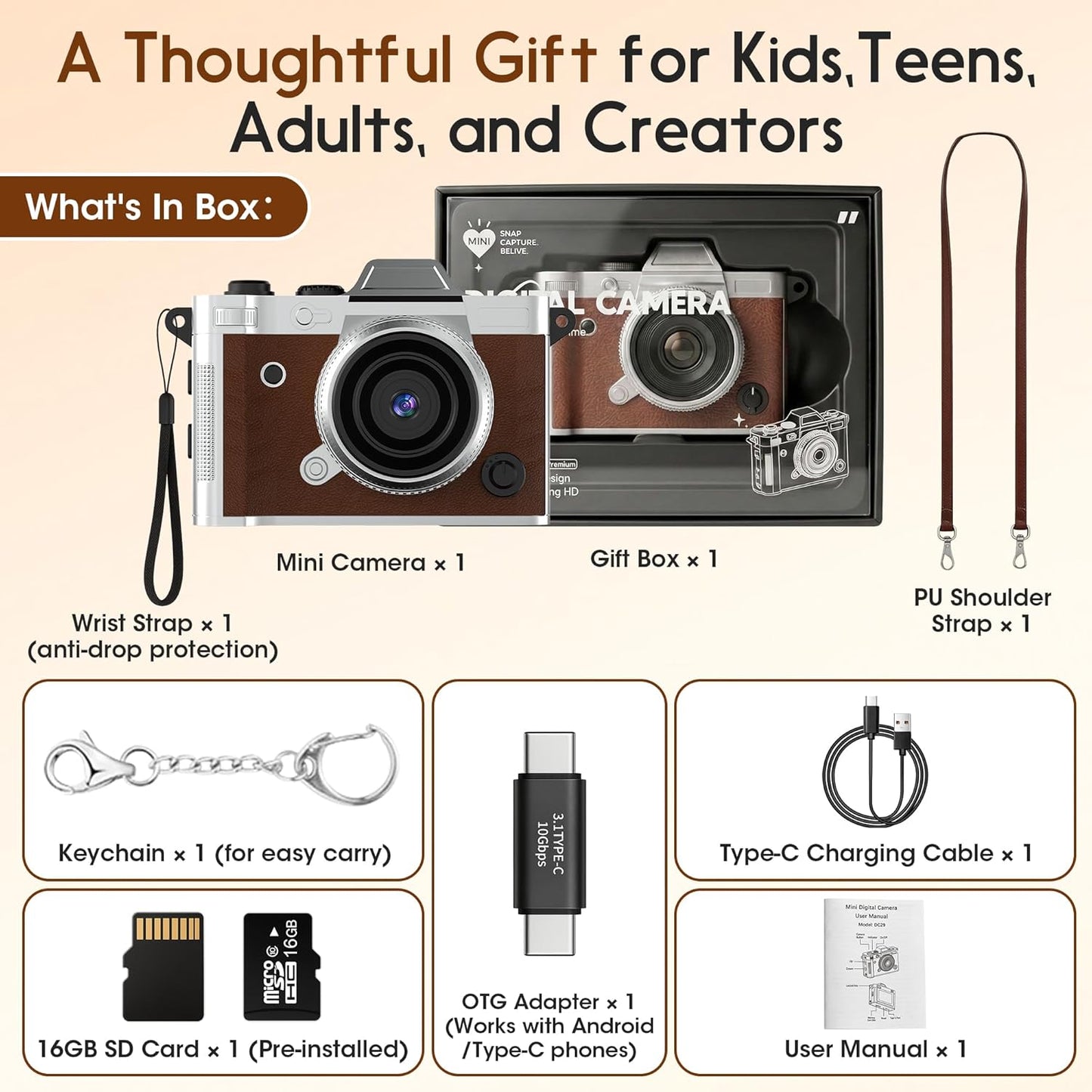 Dienspeak 16GB 2K Tiny Digital Camera, Vintage Mini Keychain Camera for Teens & Beginners, Premium Leather Portable