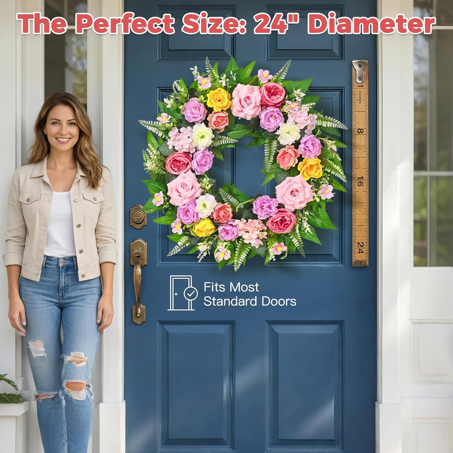 Yastouay 24-Inch Summer Wreath - Realistic Rose Peony Floral Decor for Front Door & Patio