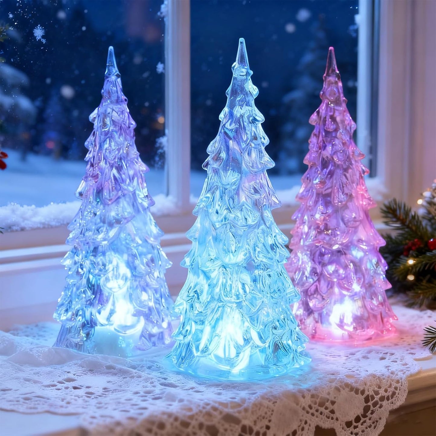 Acrylic Christmas Tree Lamp - 3 Pack Enchanted Color-Changing Lights | 5 x 2 Inch Mini Decor