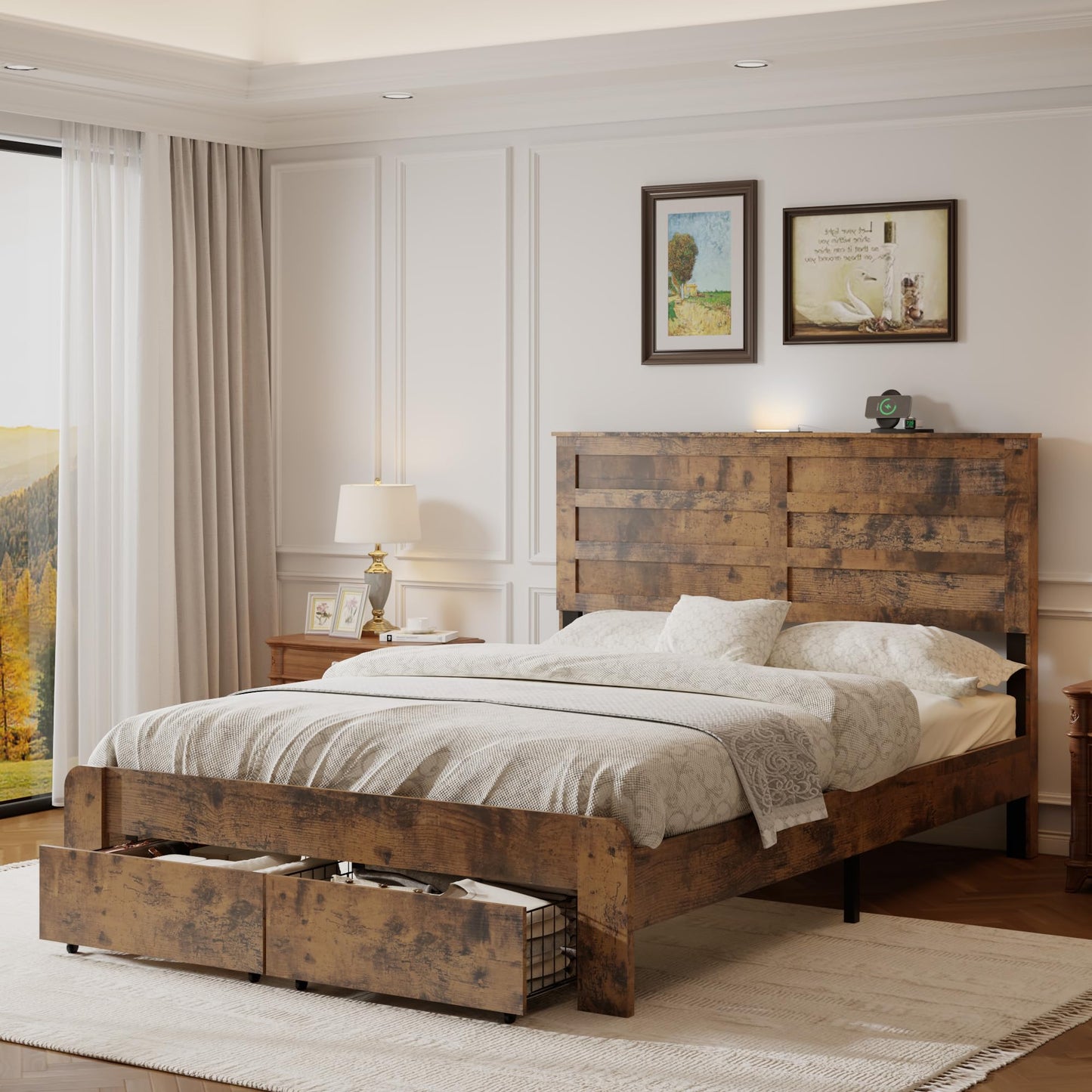 GDFStudio Full Size Industrial Bed Frame with Storage Headboard, Wood & Metal Platform Bed, USB Charging Station, Noise-Free Support, Easy Assembly Bedroom Furniture, No Box Spring Needed