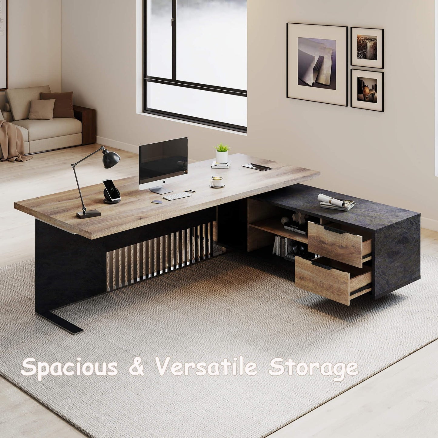 ONNAHOMEStlyle Executive Desk with Privacy Panel, Large Office Desk for Small Business, Computer Desk with Drawers & Storage Cabinets, Thick One-Piece Tabletop (Right Return, 70.86")