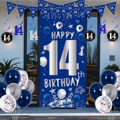 14th Birthday Decorations for Boys Girls, Blue Silver Happy 14th Birthday Party Decorations Supplies - Happy 14 Birthday Backdrop Banner Tablecloth Triangle Flag Balloons for 14 Year Old Bday Party