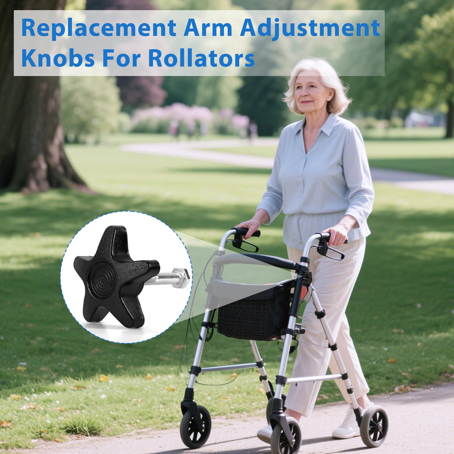 2 Sets Rollator Walker Replacement Parts，Complete Walker Accessories Kit with 4 M6 Screws (1.18in & 1.57in), 2 Star-Shaped Knobs & 2 Black Washers for Universal Fit, Tool-Free Adjustment in Seconds