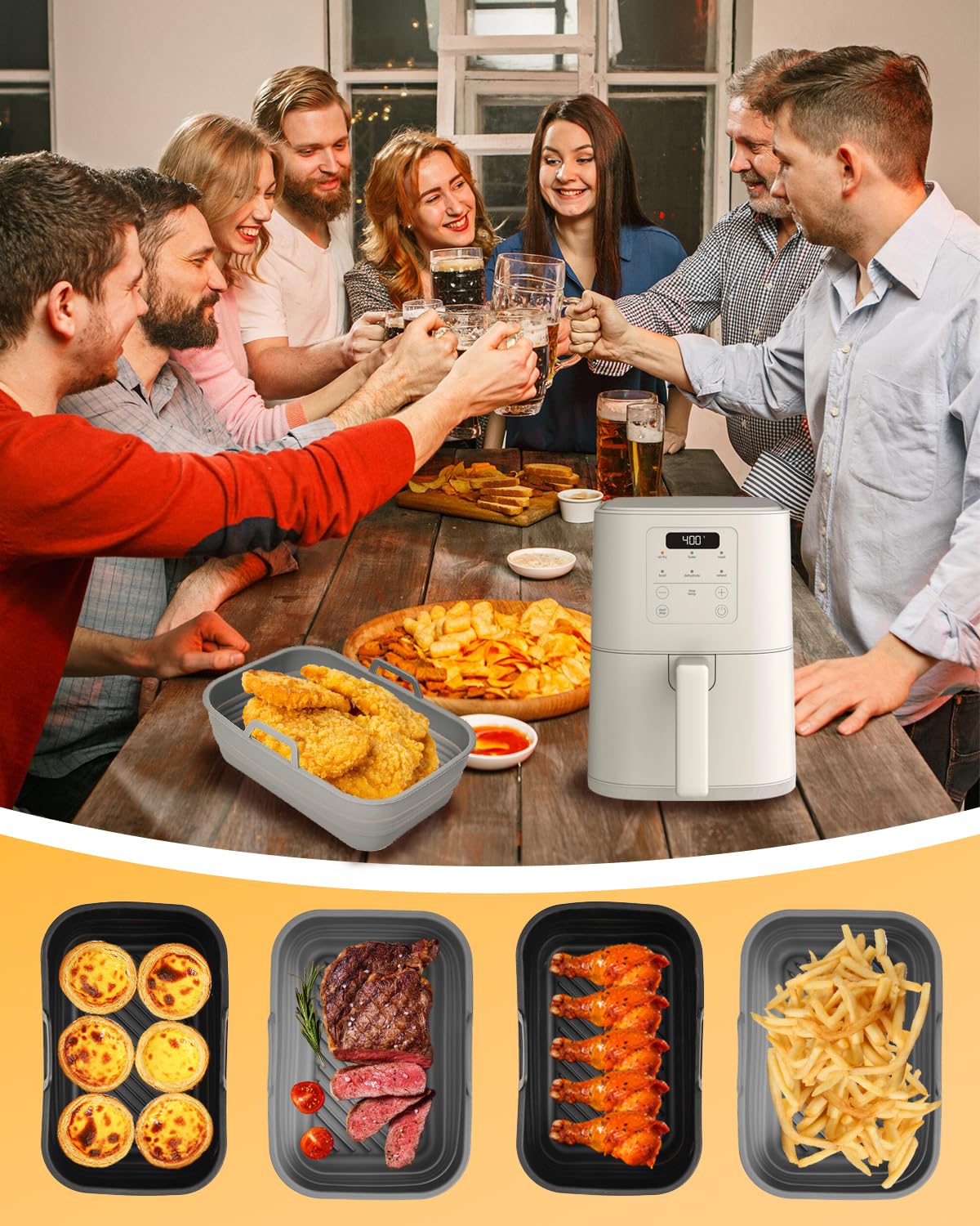 Air Fryer Silicone Liners Collapsible 2-Pack for bella 4Qt(3.3lb) Slim Air Fryer, Reusable Airfryer Silicone Pot Baking Basket Insert Accessories, Non Stick, Easy Cleaning, Gray+Black