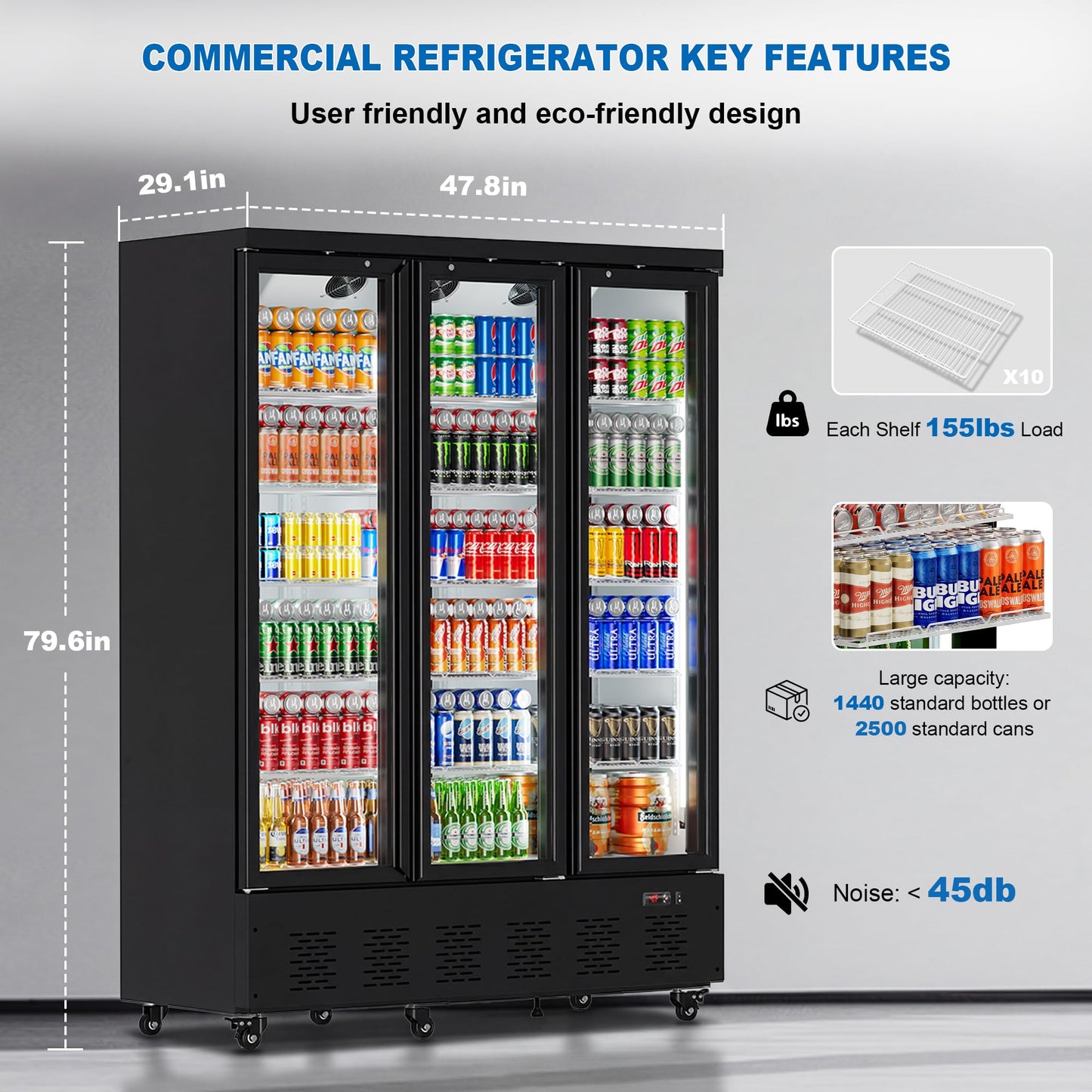 Ferueo 45 Cu.Ft Commercial Beverage Refrigerator, 2 Glass Door Merchandiser Refrigerator with Lock, Upright Reach-in Display Cooler for Restaurant, Bar and Grocery, 10 Adjustable Shelves, 32°F-47°F