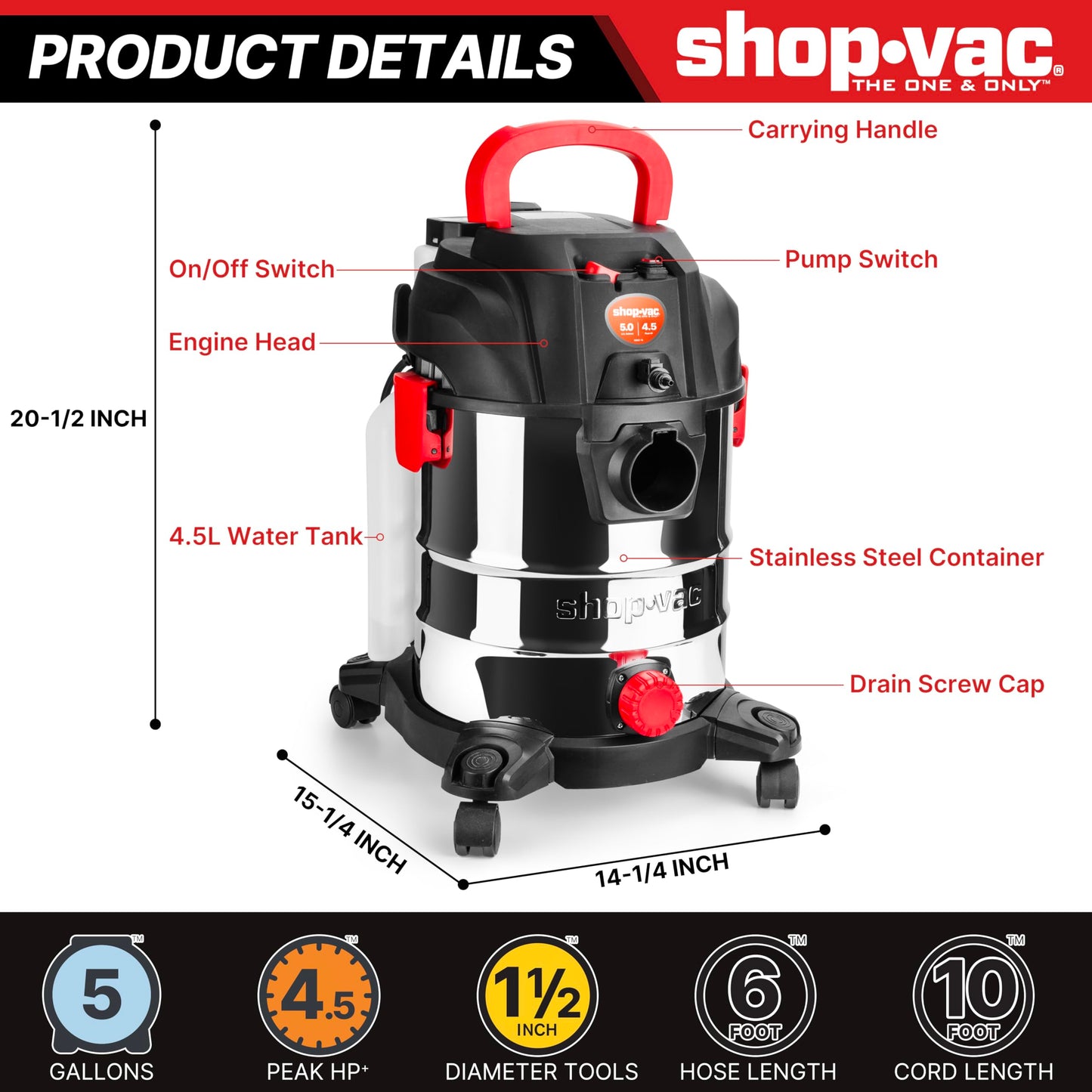 Shop-Vac 5-Gallon 4.5 Peak HP 3-in-1 Wet/Dry/Upholstery Shampoo Vacuum Cleaner