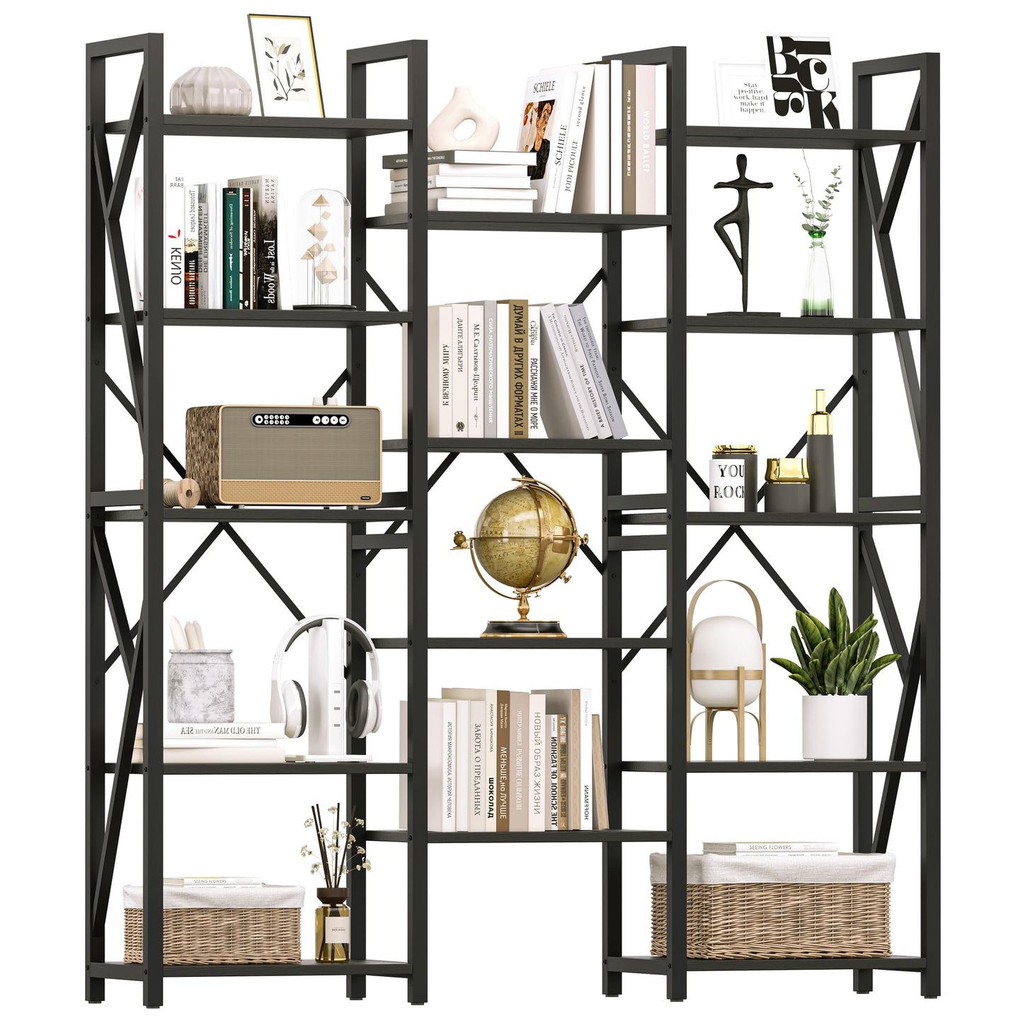 IDEALHOUSE Triple 5 Tier Bookshelf, Tall Bookcases with 14 Open Display Shelves, Industrial Wide Book Shelf with Metal Frame, Large Open Shelves for Bedroom, Living Room, Home Office, Black