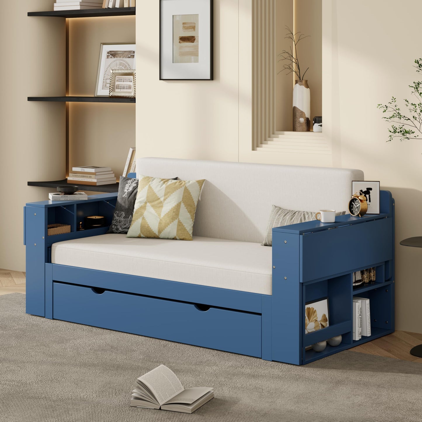 Merax Full Size Daybed with Removable Desk, Storage Drawers & Hydraulic Side Table, Blue
