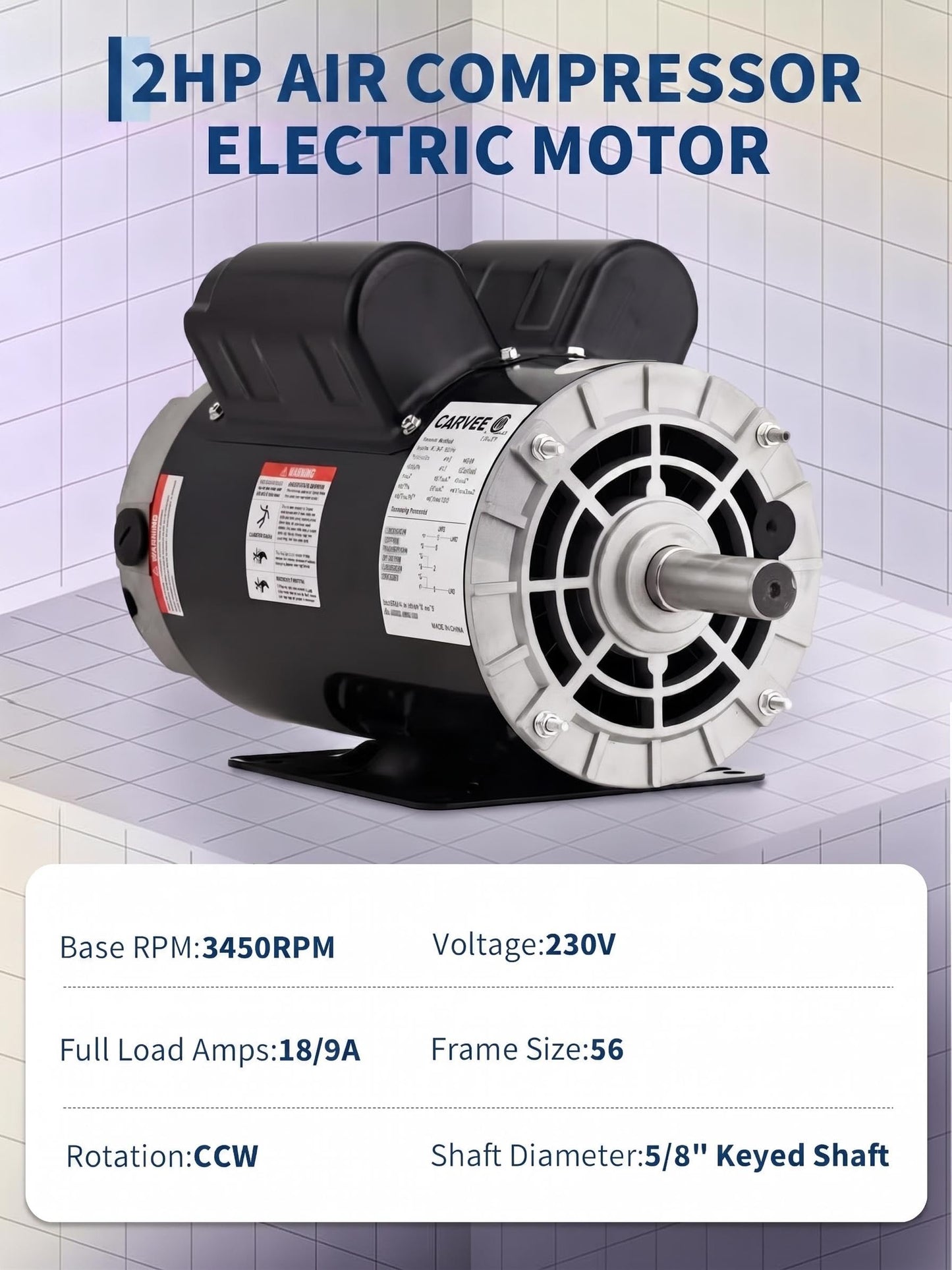 2HP SPL Air Compressor Electric Motor, 115/230V 56 Frame 3450 RPM with 5/8" Keyed Shaft 60 Hz, 18/9 Amps, 1.88" Shaft Length, Ultra Quiet, Dual CW/CCW Rotation (Factory Setting is CCW)