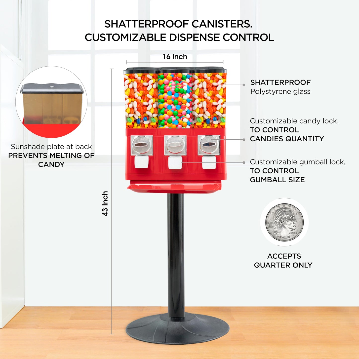 Candy Machine Dispenser Gumball & Candy Vending Machine Supports Large Gum Balls with Coin Operated for Commercial Use Includes Anti Theft Lock Meets FDA Norms