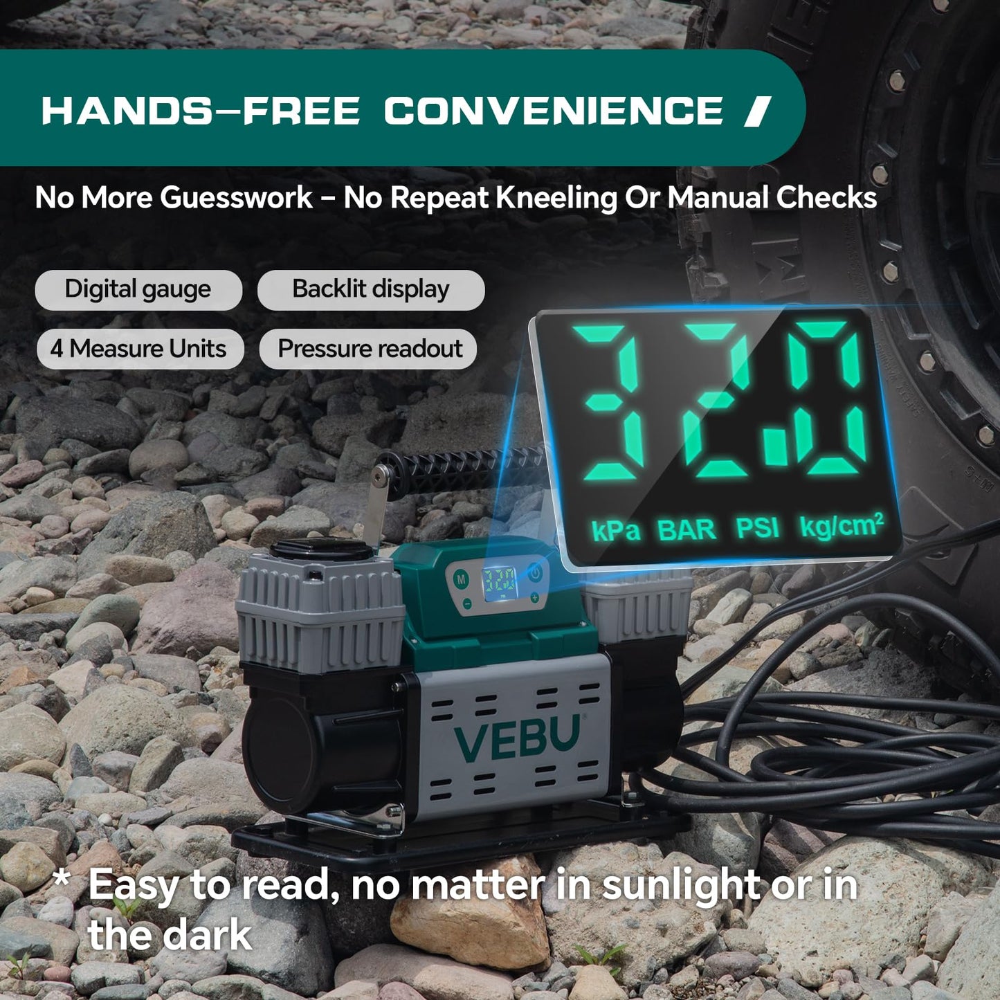 VEBU ‌Off-road Air Compressor 12V Tire Inflator, 150PSI with Auto Shut Off, Digital Display & Preset, 10.6CFM Fast Inflation for Off-road Vehicles, Trucks, SUVs, RVs, ATVs