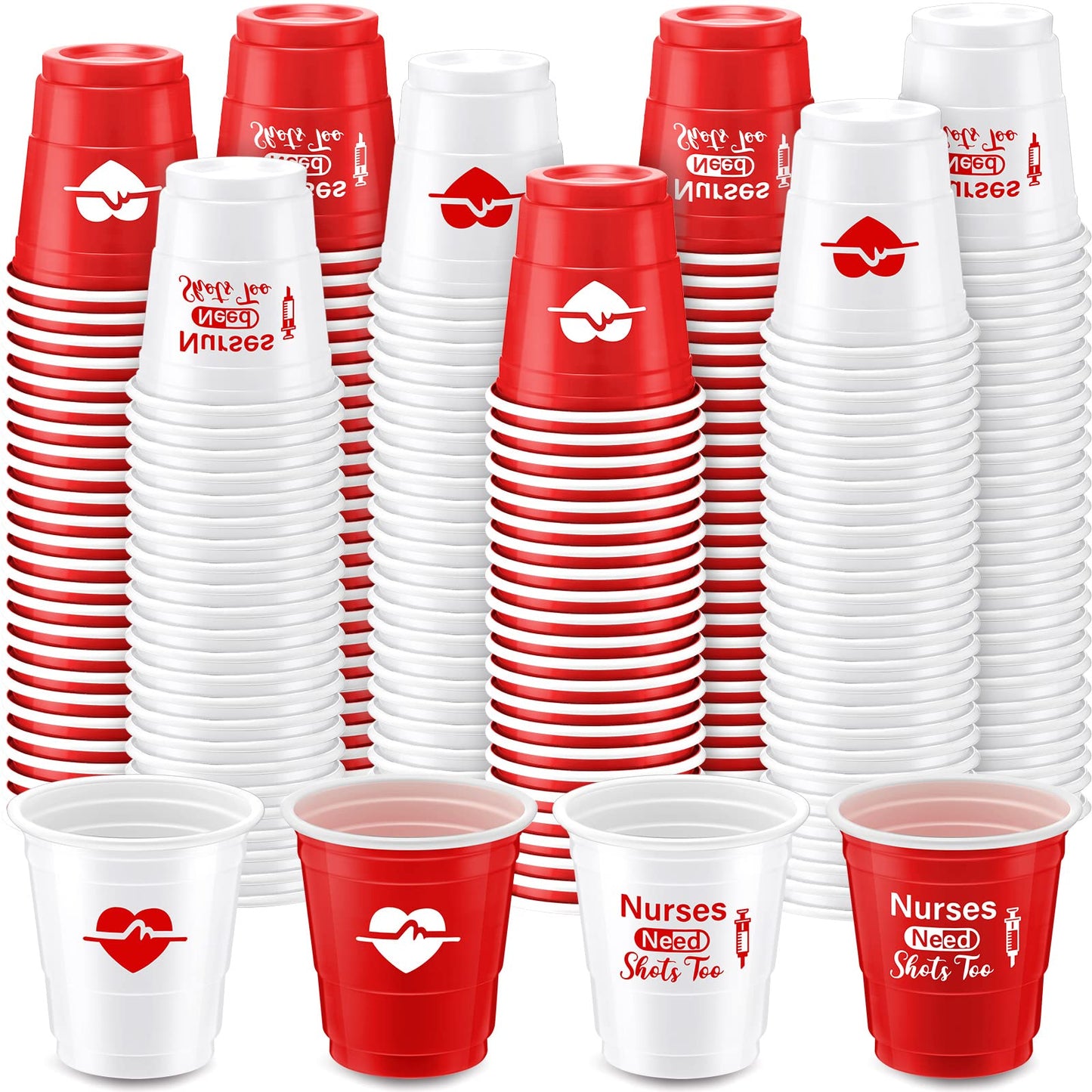 Lounsweer 100 Pcs Nurses Need Shots Too Mini Plastic Shot Glasses Nurse's Day 2 oz Small Plastic Cups Disposable Shot Cups for Nurse Birthday School Graduation Party Favors, Red, White