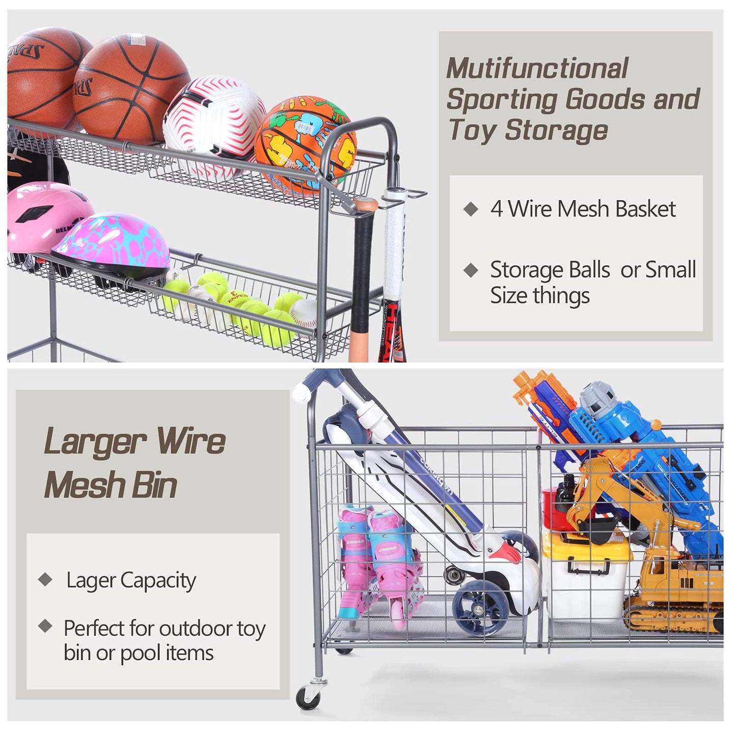 WEYIMILA Ball Organizer for Garage, Steel Sport Equipment Organizer with Baseball Bat Holder and Hooks, Easy Assembly Storage for Balls, Kids' Toys, and Workout Gear in Basement, Home Gym, Outdoor