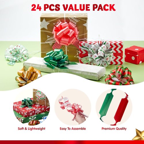JOYIN 24 PCS Christmas Wrap Ribbon Pull Bows - Easy Gift Wrapping Accessory for Presents & Decorations
