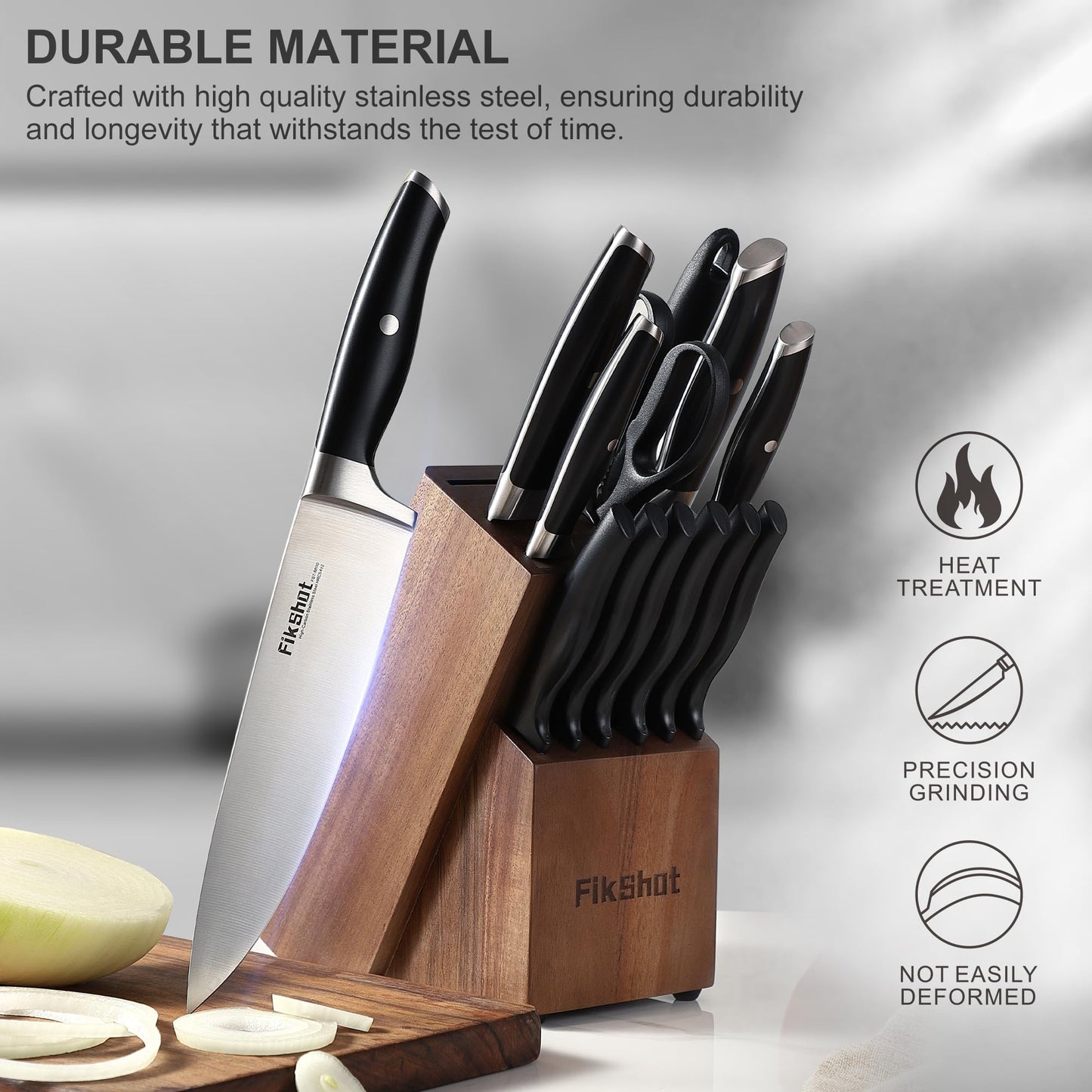 Fikshot Knife Set – German Stainless Steel, Ultra-Sharp, 14-Piece with Knife Block & Sharpener, Full Tang Black Handle, Rust-Resistant, Dishwasher-Safe for Kitchens, Gift for Chefs