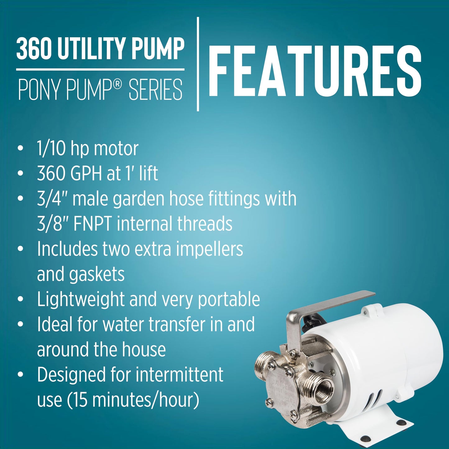 Little Giant 360 115V, 360 GPH, 1/10 HP, Plated Brass Non-Submersible Multi-Purpose Utility Water Transfer Pony Pump with 6-Ft. Cord, White, 555112