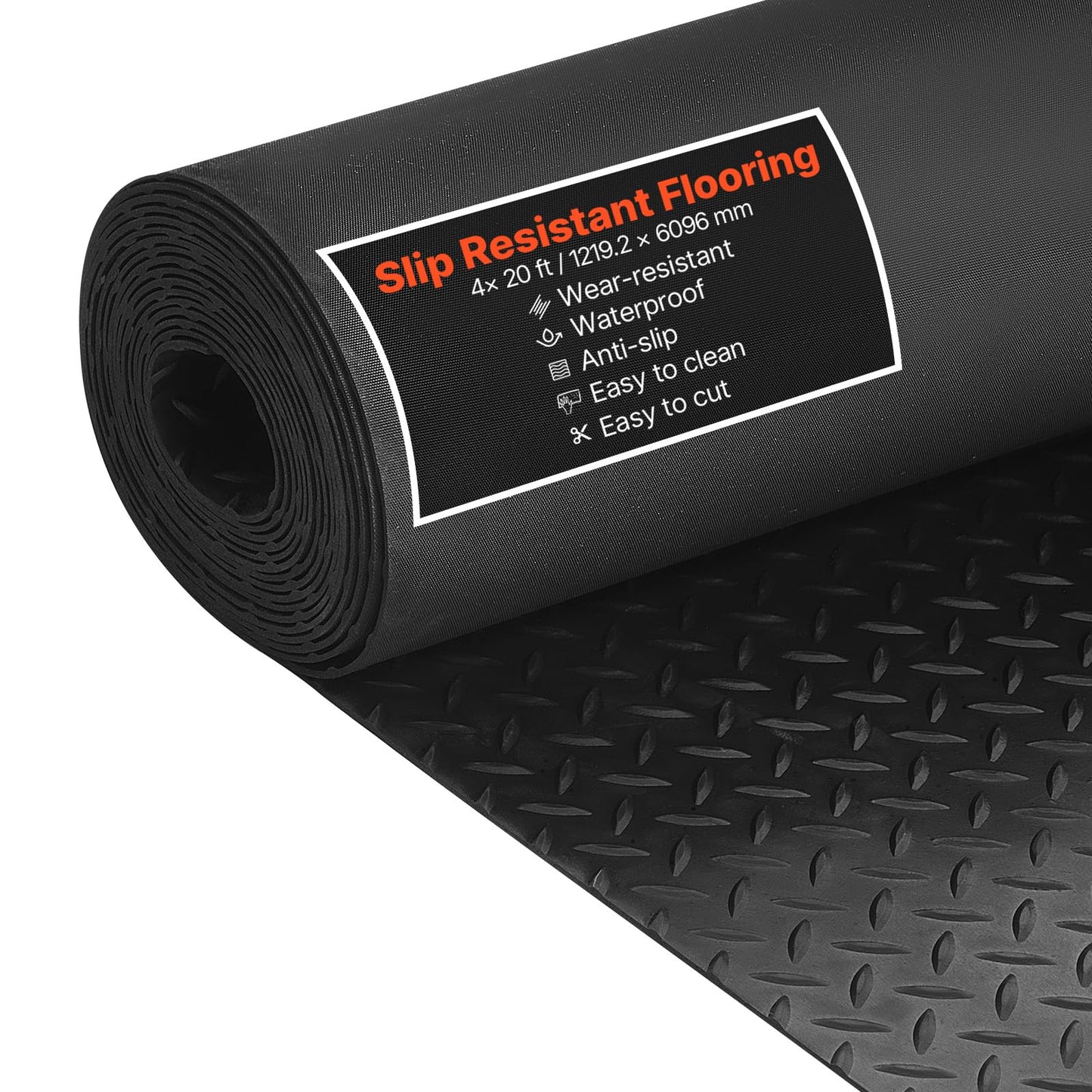 VEVOR Garage Floor Roll, 4 x 20 ft Garage Flooring Mat, 3 mm Thickened Rubber Diamond Plate Floor Protector Mat, Non-Slip, Wear-Resist, Waterproof, Easy to Clean for Warehouse, Gyms,Trailer, Black